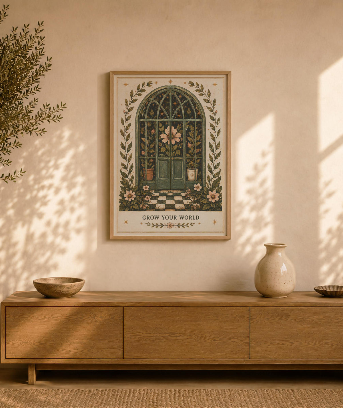 Grow Your World Botanical Greenhouse Print | Inspirational Folk Art Celestial Wall Decor | Framed or Unframed