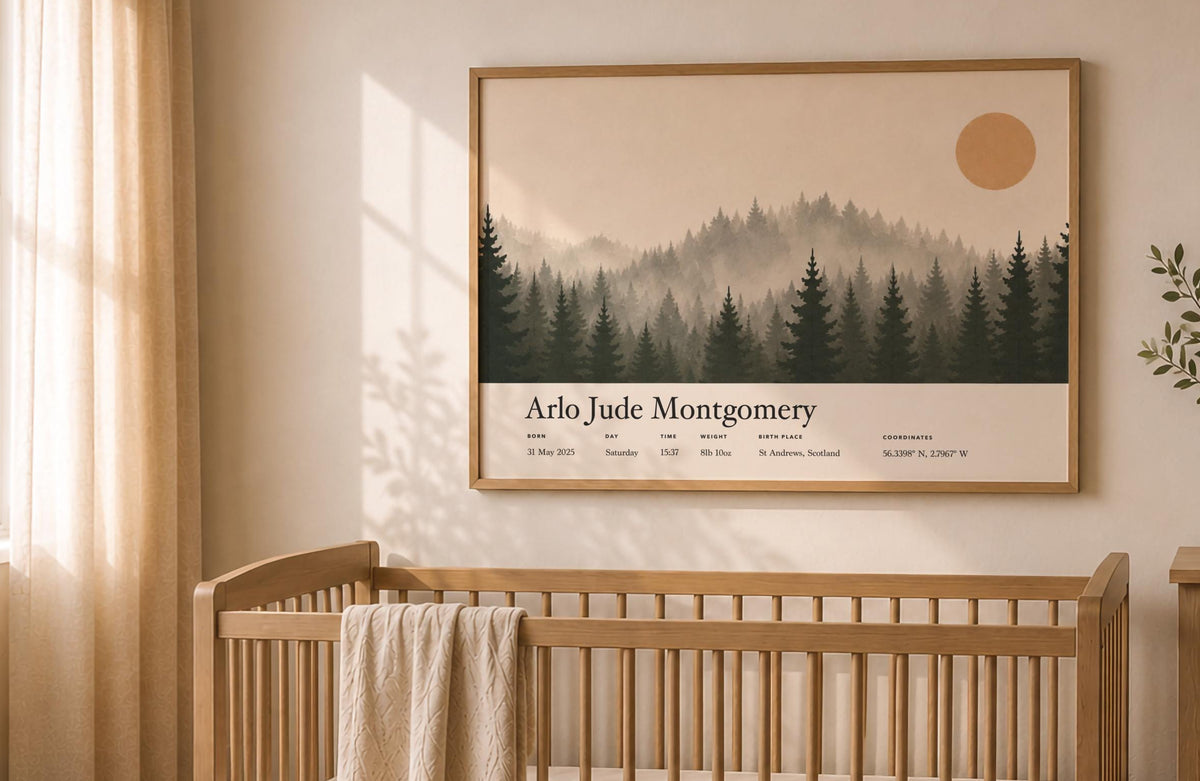 Personalised Birth Story Landscape Print | Forest Hills Nursery Wall Art | Framed or Unframed