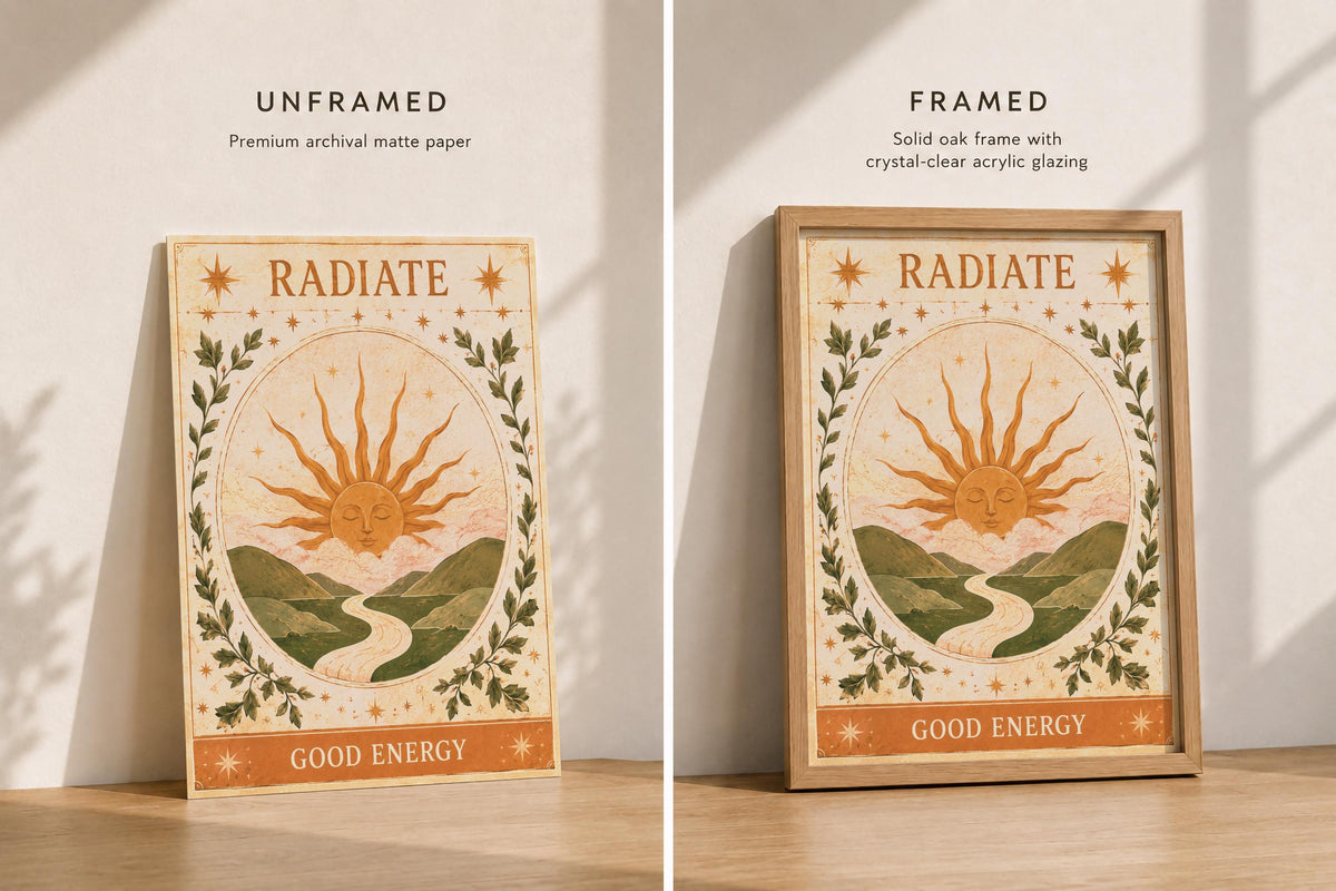 Radiate Good Energy Sun Print | Inspirational Wall Art, Celestial Folk Illustration | Framed or Unframed