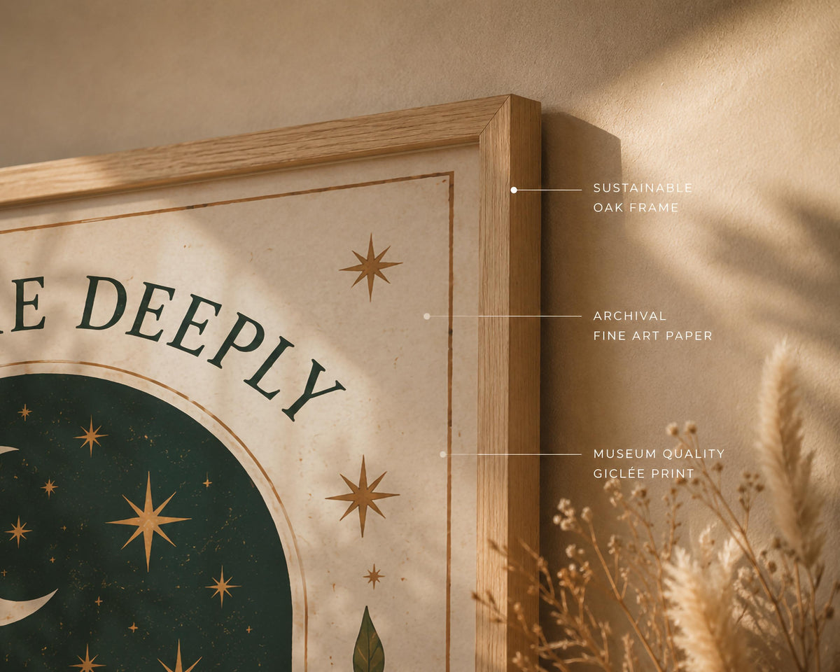 Breathe Deeply Print | Celestial Folk Art, Inspirational Moon Wall Art, Framed or Unframed