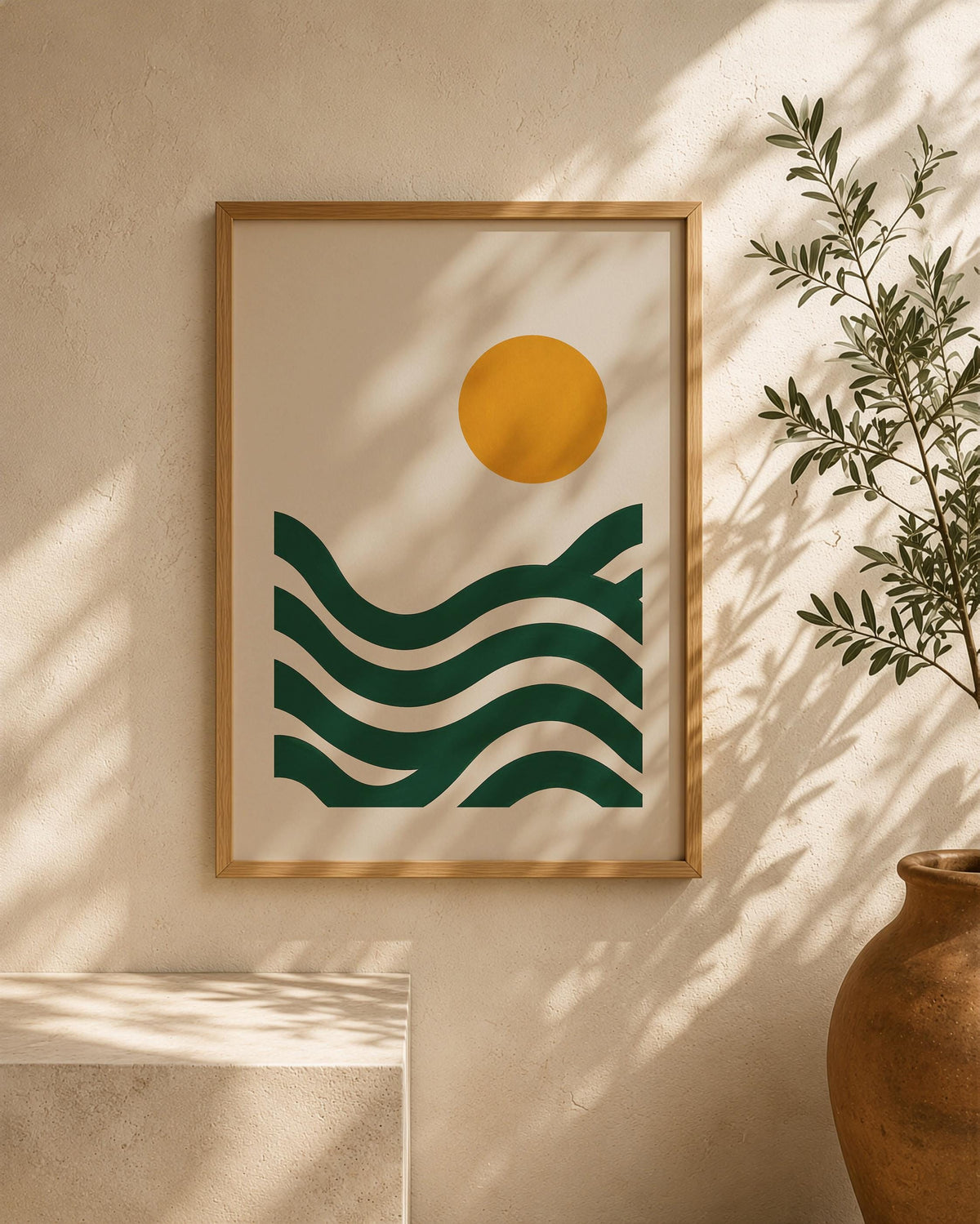 Abstract Landscape Seascape Print | Green Waves, Sun Illustration, Coastal Wall Art | Framed or Unframed
