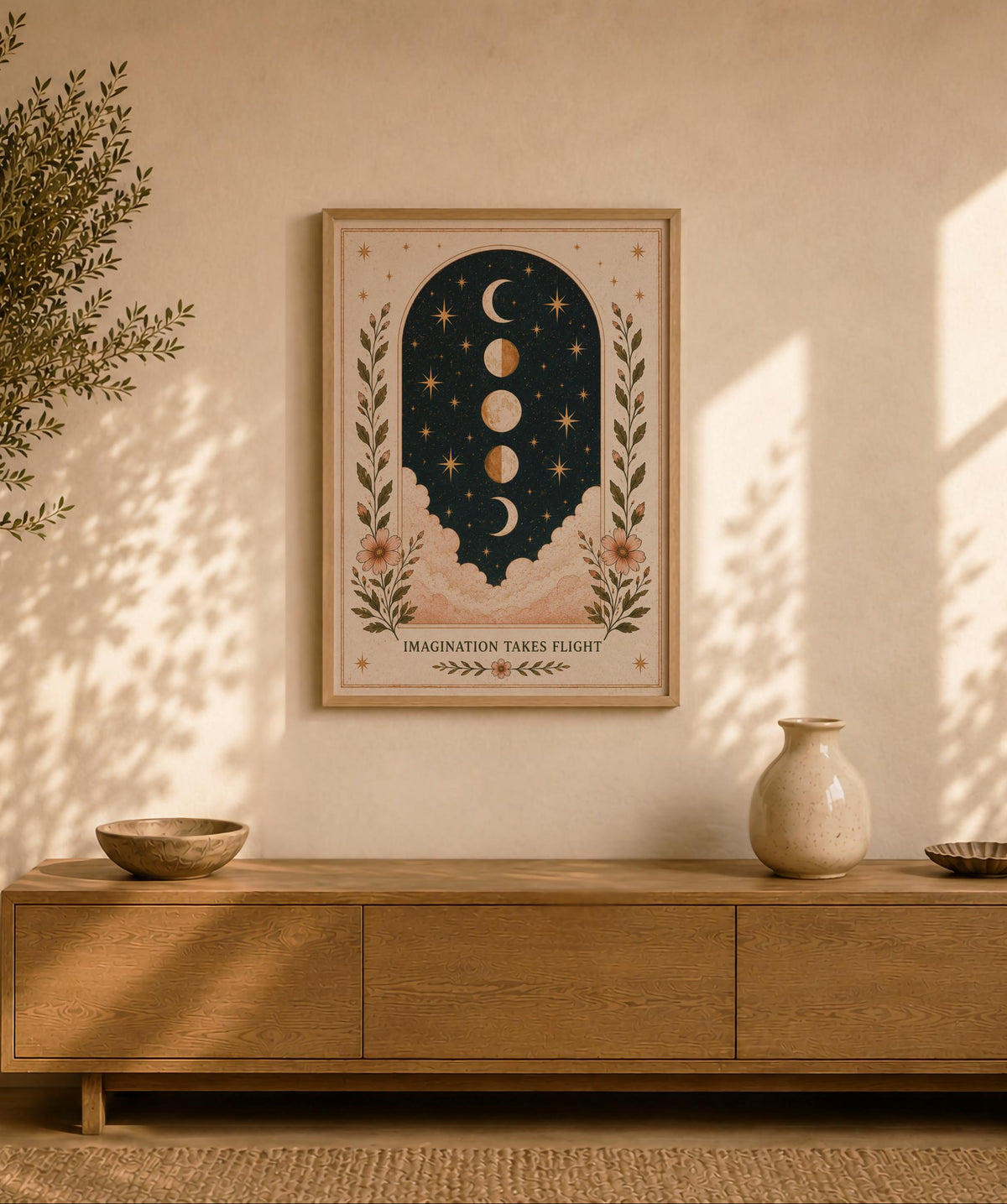 Imagination Takes Flight Celestial Moon Phases Print | Inspirational Folk Art Illustration | Framed or Unframed