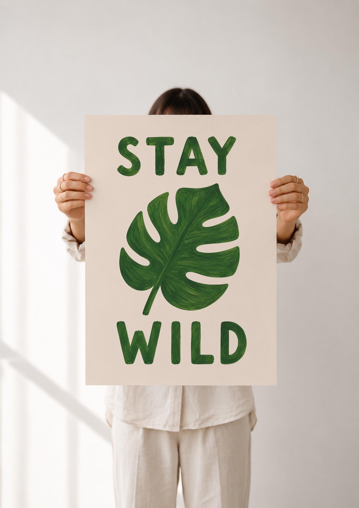 Stay Wild Monstera Leaf Print | Hand-Painted Botanical Kids Nursery Wall Art | Framed or Unframed