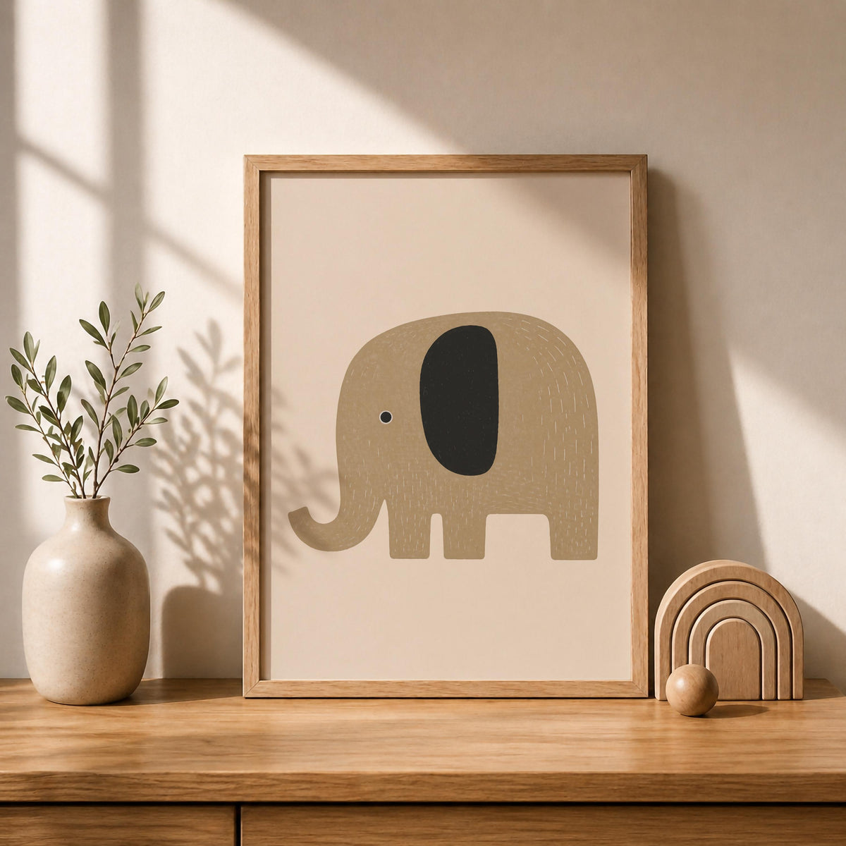 Hand-Painted Elephant Print | Scandinavian Minimalist Nursery Decor | Framed or Unframed