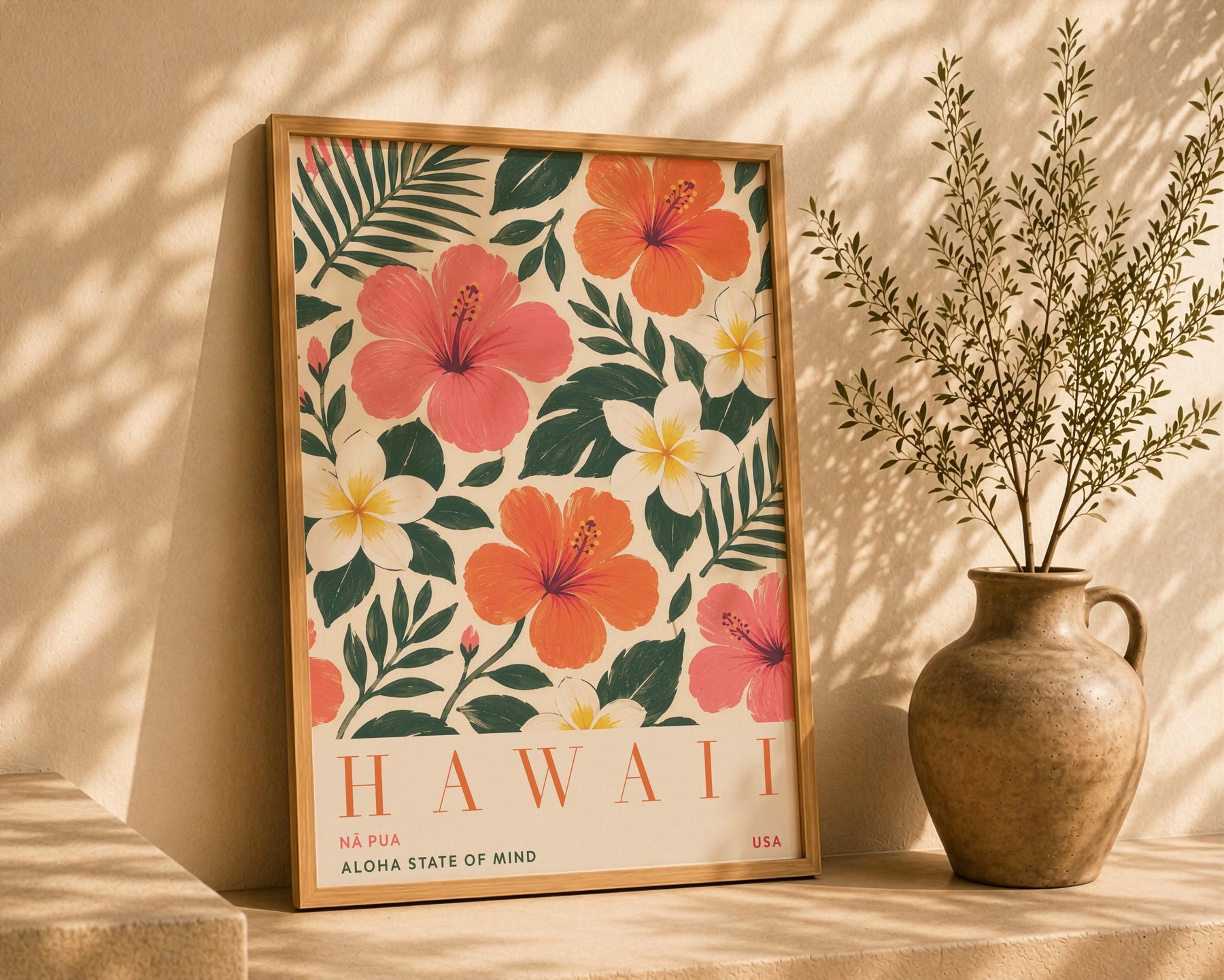 Hawaii Hibiscus Floral Travel Poster | Hand-Painted Tropical Aloha Decor | Framed or Unframed
