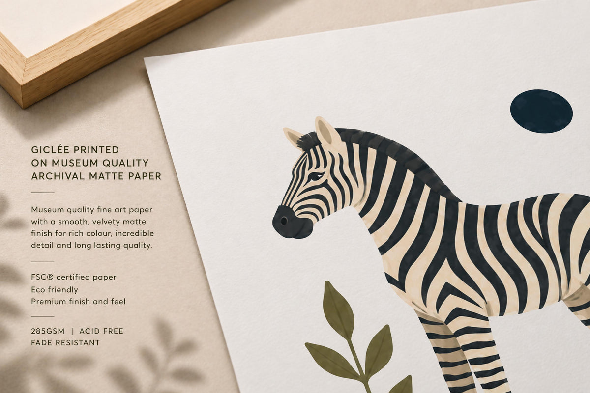 Personalised Zebra Nursery Print, Modern Playroom Safari Animal Wall Art, Framed or Unframed Poster