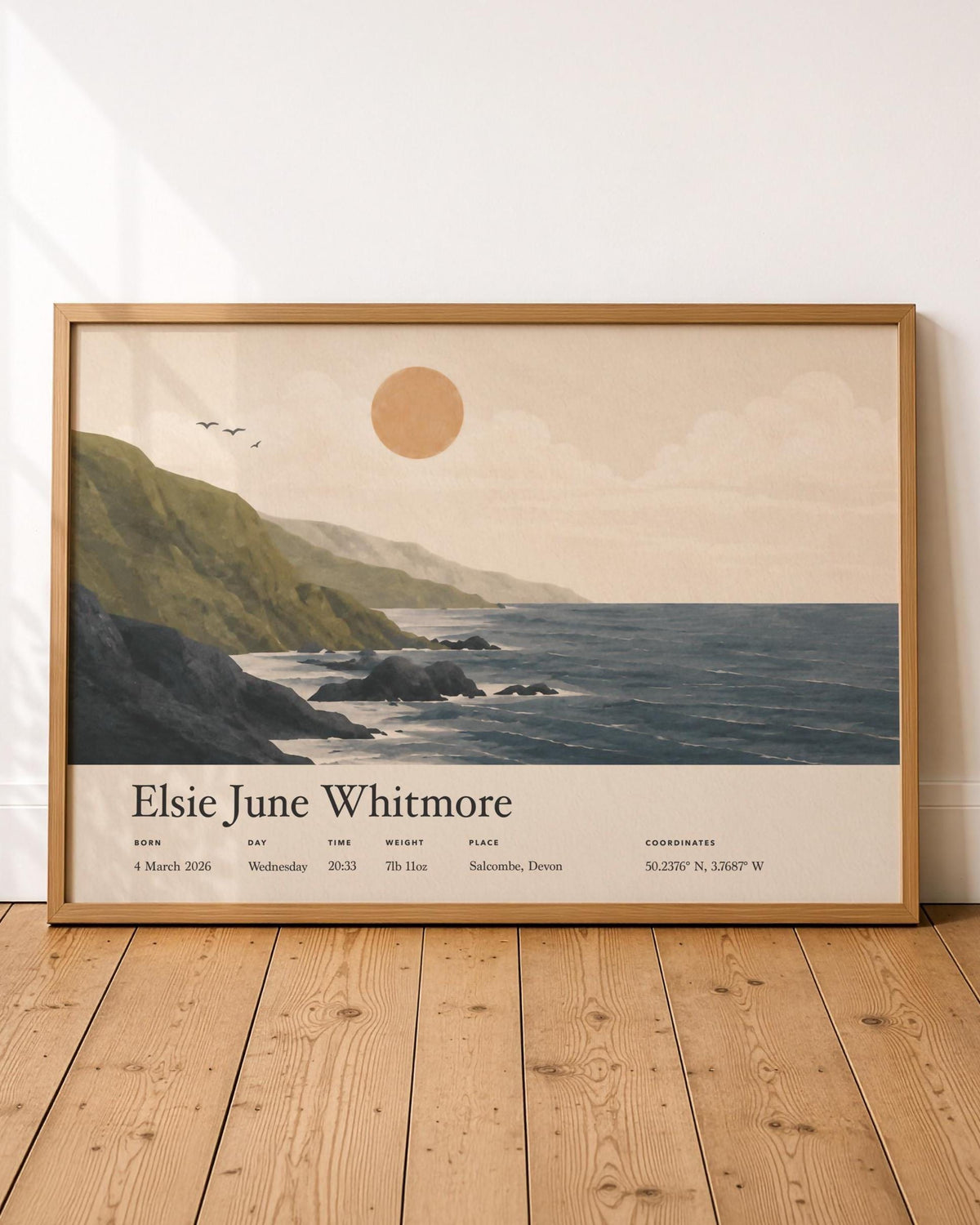 Personalised Birth Story Landscape Print | Coastal Nursery Wall Art | Framed or Unframed