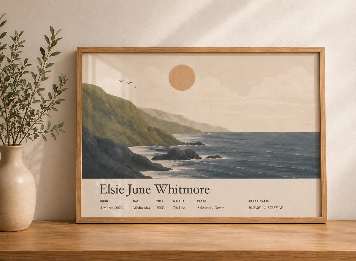 Personalised Birth Story Landscape Print | Coastal Nursery Wall Art | Framed or Unframed