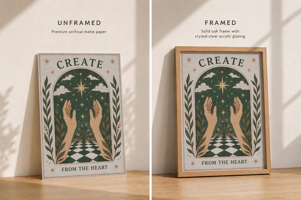 Create From The Heart Hands Print | Inspirational Celestial Wall Art, Folk Hands Illustration, Framed or Unframed