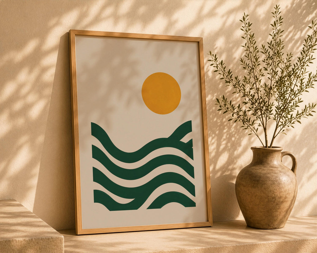 Abstract Landscape Seascape Print | Green Waves, Sun Illustration, Coastal Wall Art | Framed or Unframed