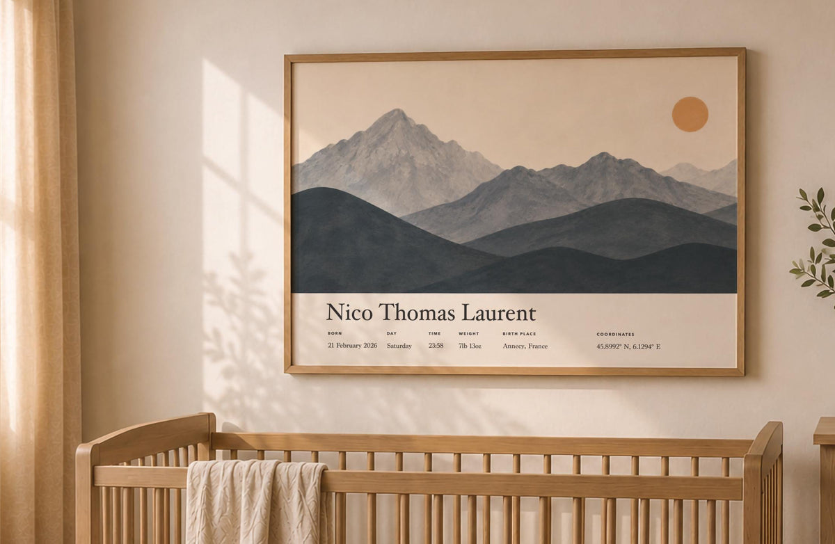 Personalised Birth Story Landscape Print | Mountain Nursery Wall Art | Framed or Unframed