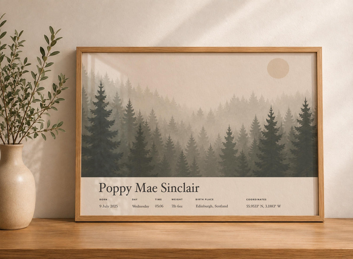 Personalised Birth Story Print | Misty Forest Nursery Wall Art | Framed or Unframed