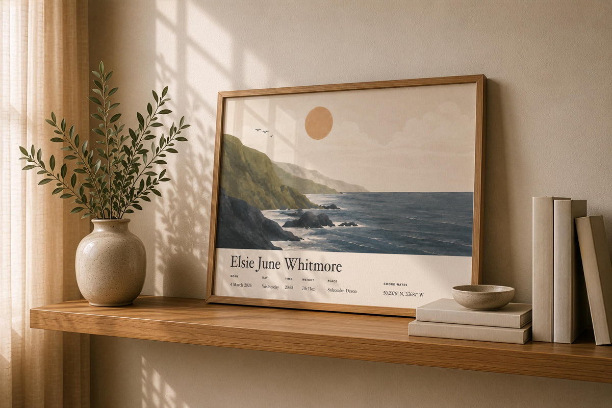 Personalised Birth Story Landscape Print | Coastal Nursery Wall Art | Framed or Unframed