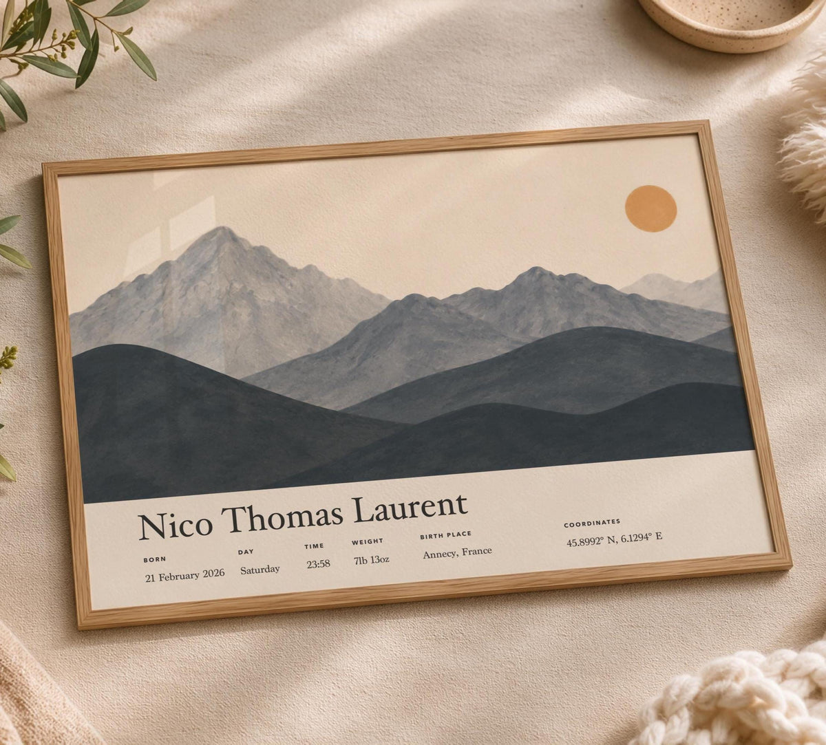 Personalised Birth Story Landscape Print | Mountain Nursery Wall Art | Framed or Unframed