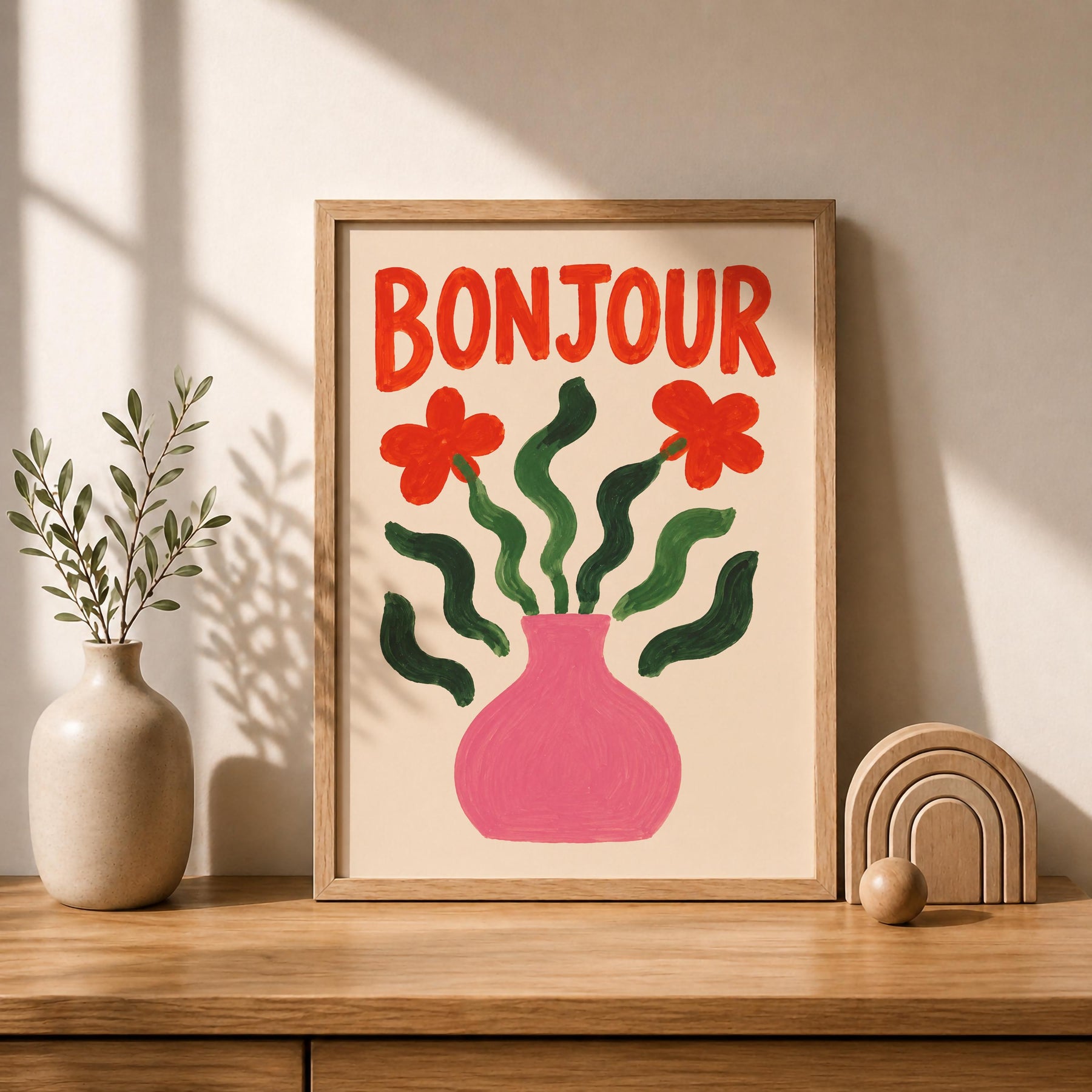 Bonjour Floral Art Print | Hand-Painted Botanical Flower Vase Wall Art | Framed or Unframed