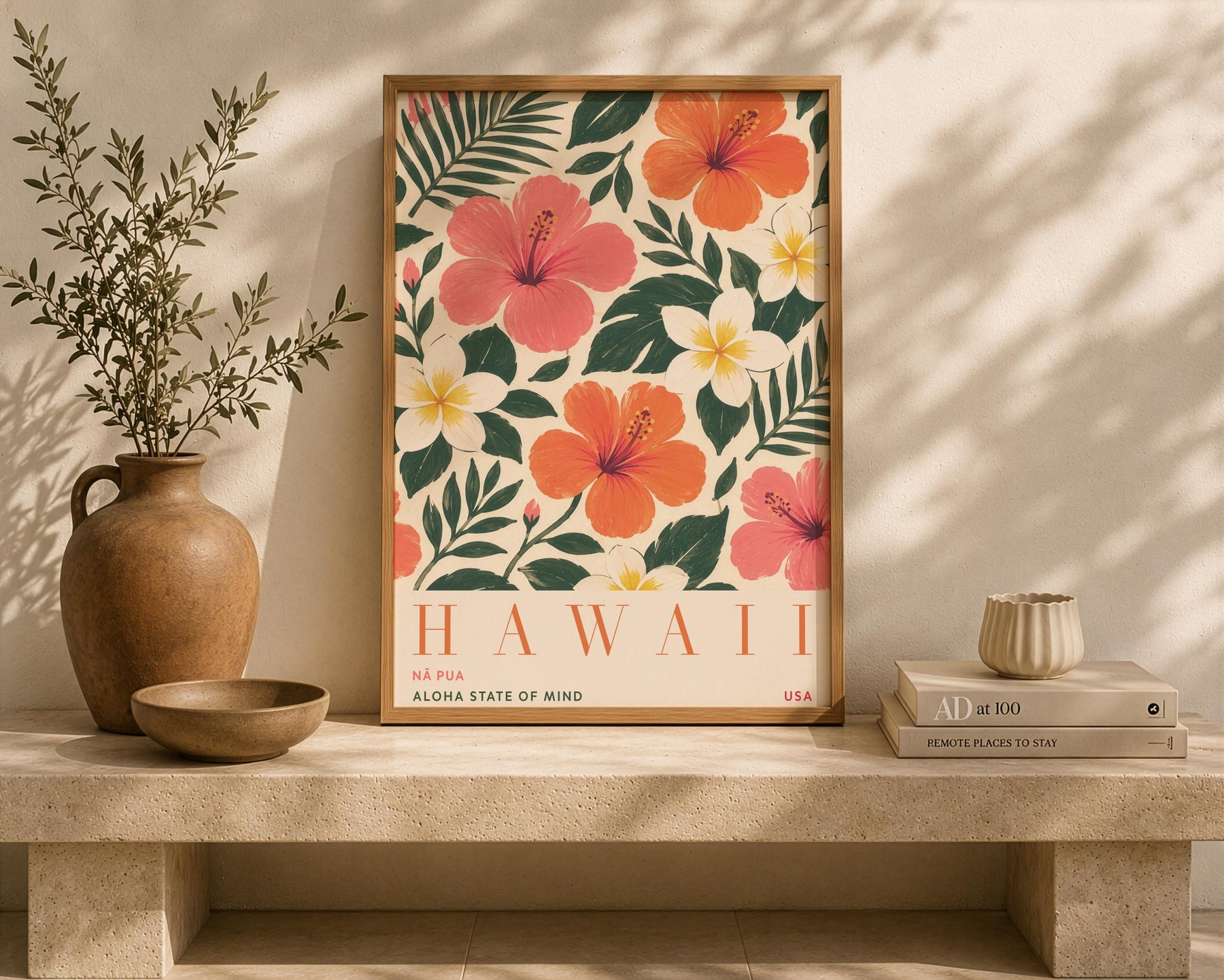 Hawaii Hibiscus Floral Travel Poster | Hand-Painted Tropical Aloha Decor | Framed or Unframed