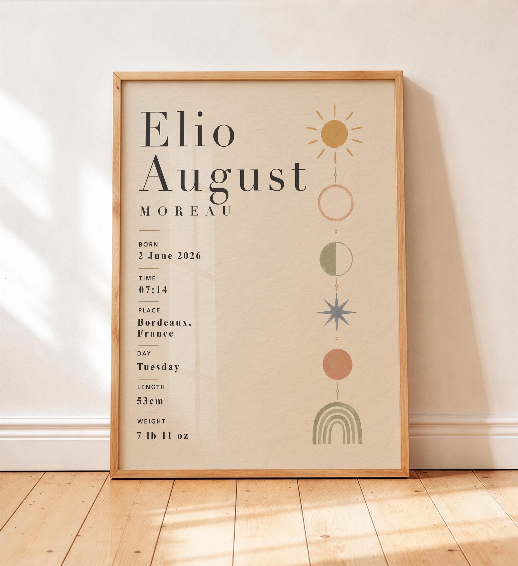 Personalised Baby Birth Record Print | Celestial Nursery Wall Art | Framed or Unframed