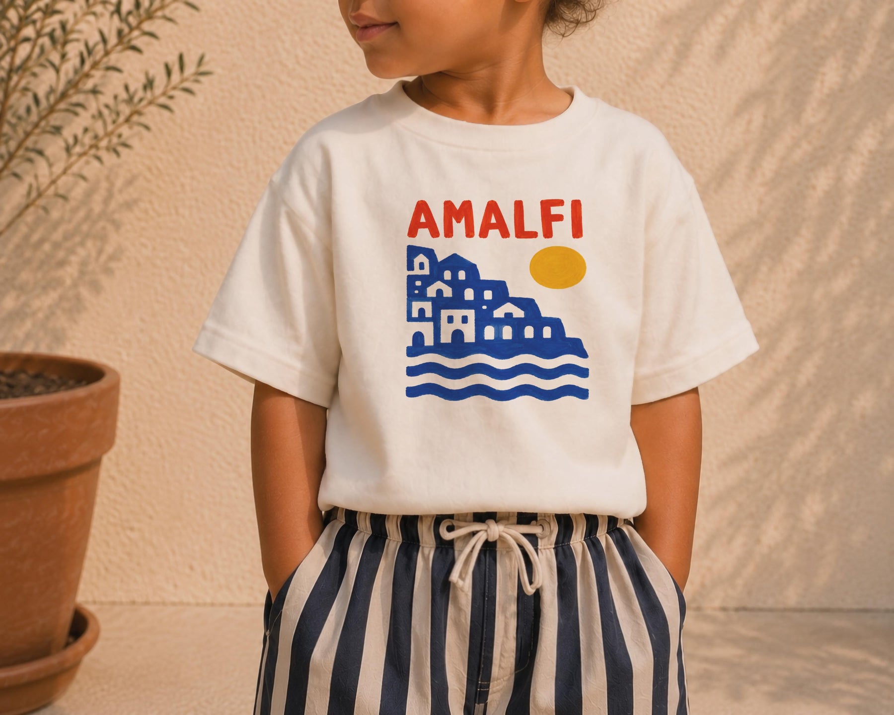 Amalfi Kids T-Shirt – Organic Cotton Bold Graphic Tee, Mediterranean Summer Shirt, Coastal Kids Clothing