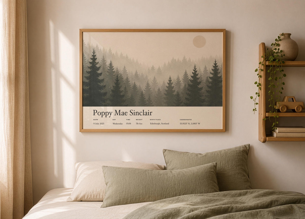 Personalised Birth Story Print | Misty Forest Nursery Wall Art | Framed or Unframed