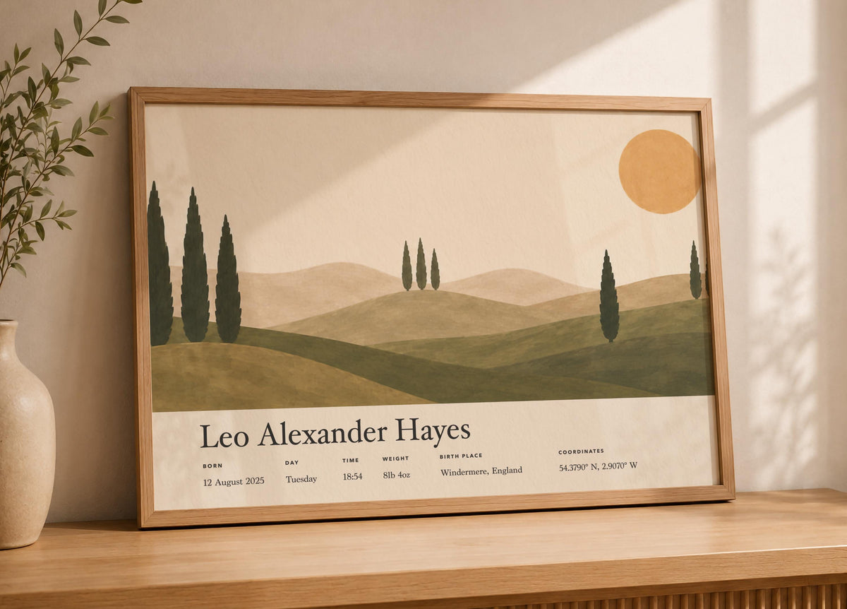 Personalised Birth Story Landscape Print | Mediterranean Nursery Wall Art | Framed or Unframed