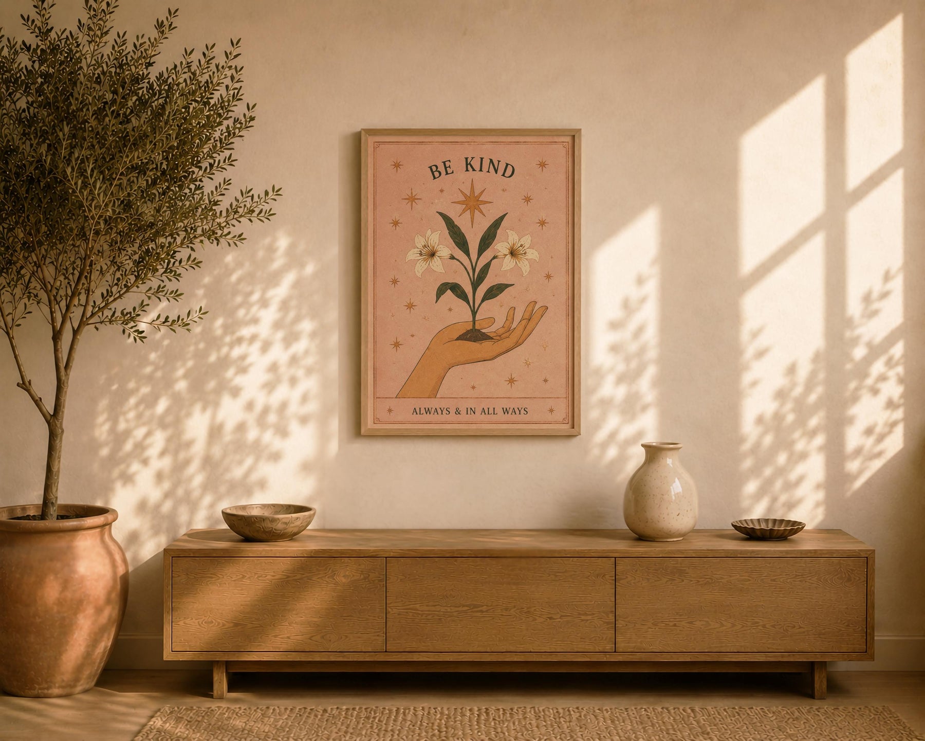 Be Kind Print | Inspirational Hand-Painted Floral Artwork, Celestial Folk Art | Framed or Unframed