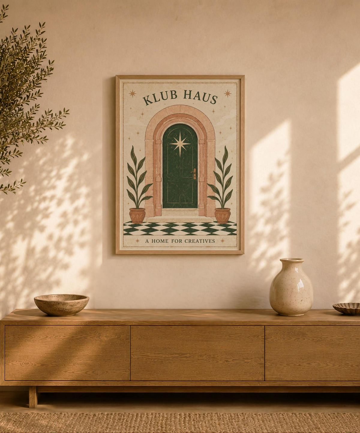 Klub Haus Print | Mediterranean Folk Art Illustration, Archway Star Door Decor | Framed or Unframed
