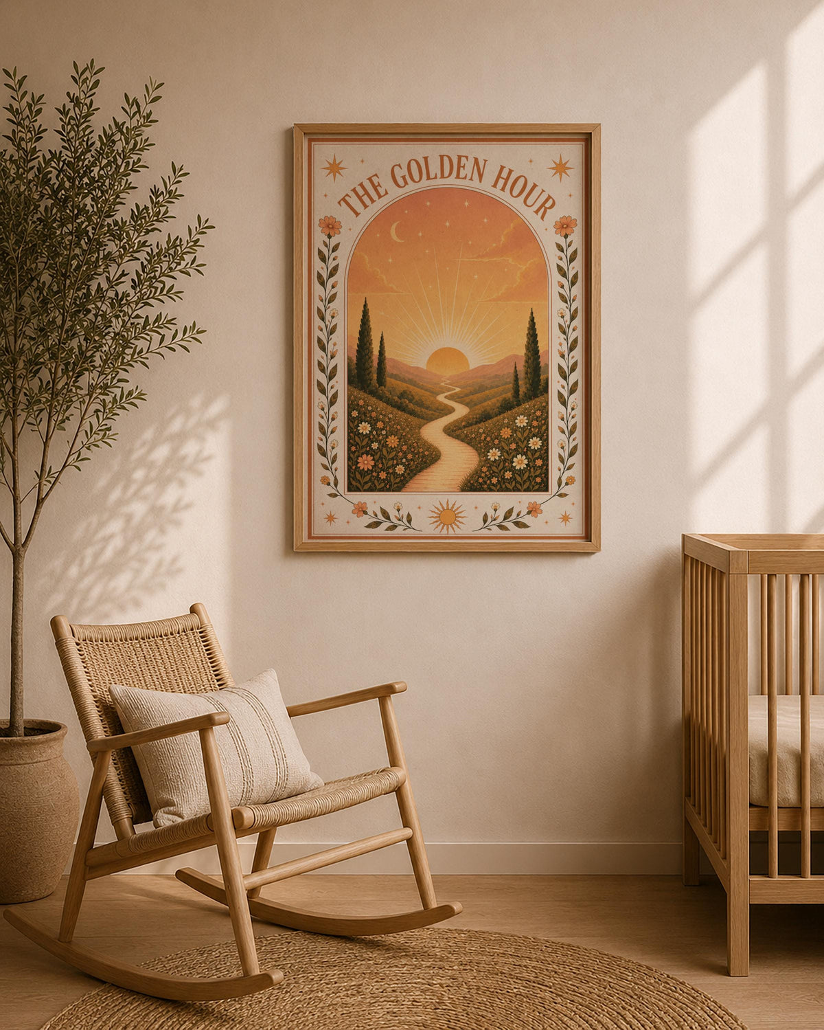 The Golden Hour Print | Sunset Wall Art, Folk Art Landscape Illustration, Framed or Unframed
