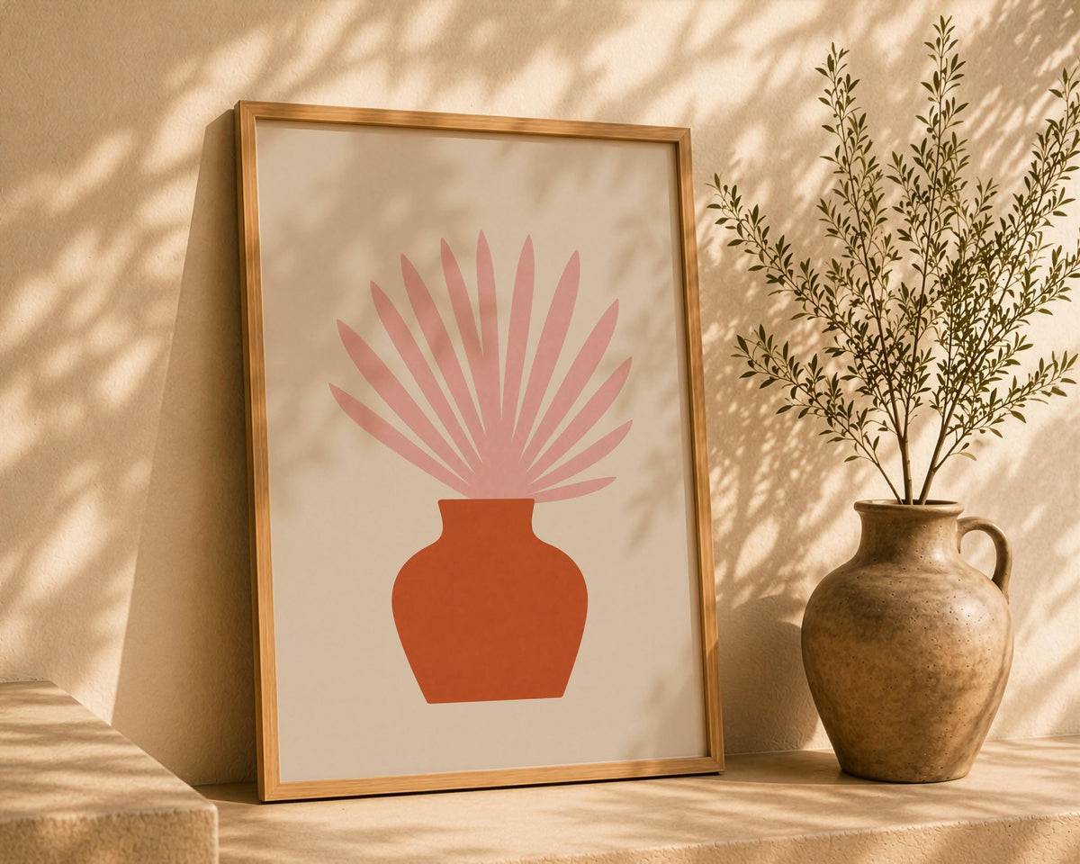 Botanical Vase Print | Ventaglio Pink Fan Palm, Mediterranean Wall Art | Framed or Unframed