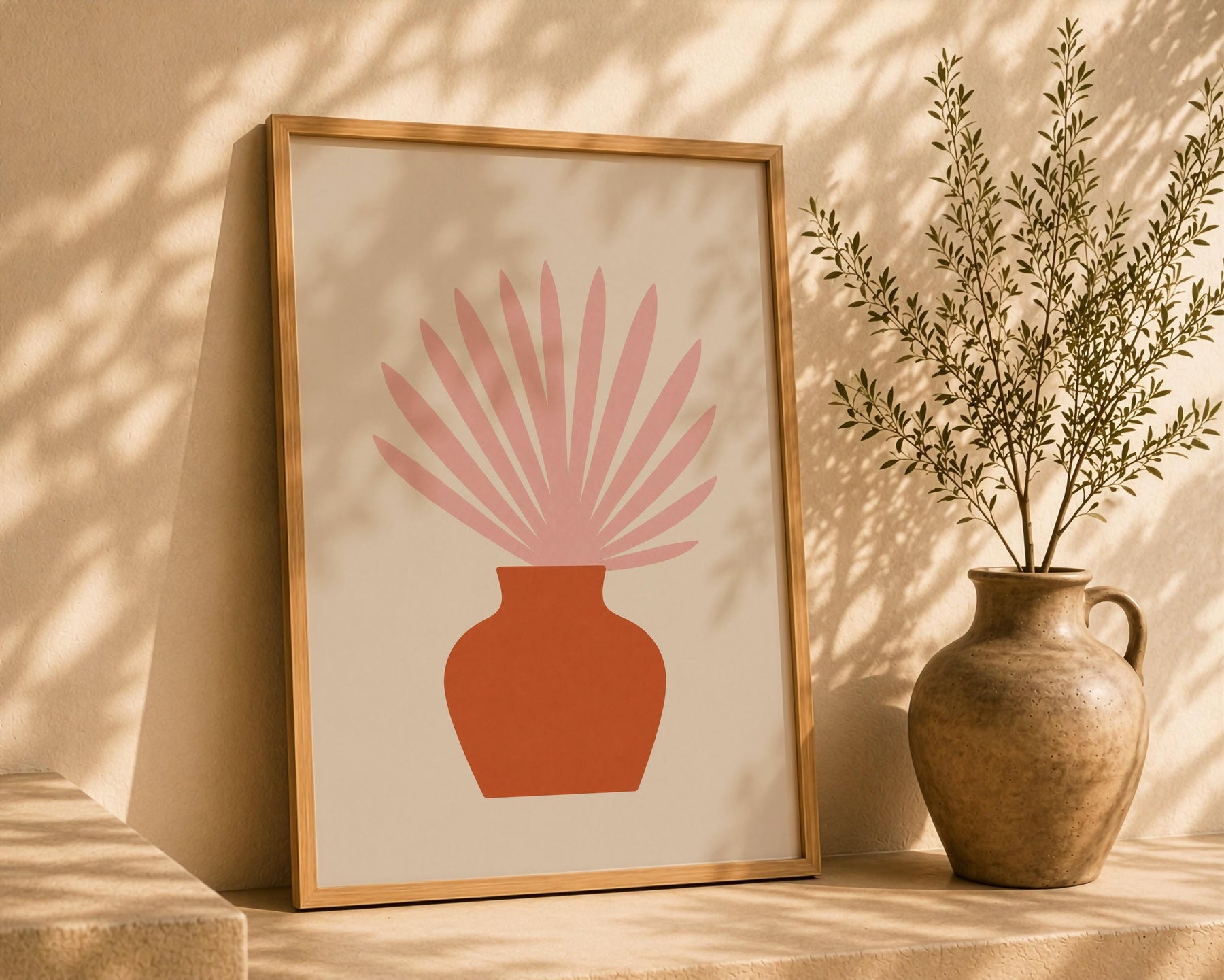 Botanical Vase Print | Ventaglio Pink Fan Palm, Mediterranean Wall Art | Framed or Unframed
