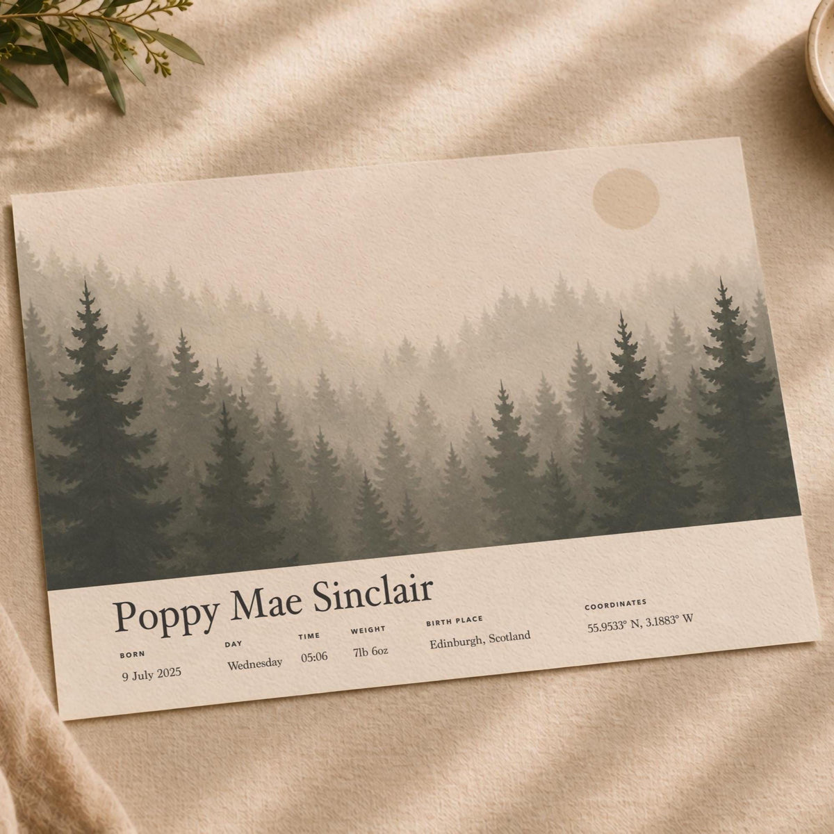 Personalised Birth Story Print | Misty Forest Nursery Wall Art | Framed or Unframed