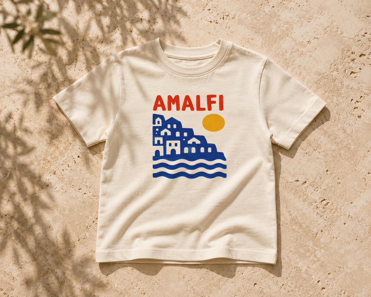 Amalfi Kids T-Shirt – Organic Cotton Bold Graphic Tee, Mediterranean Summer Shirt, Coastal Kids Clothing