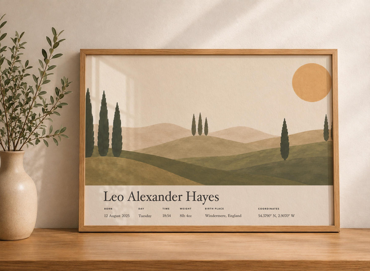 Personalised Birth Story Landscape Print | Mediterranean Nursery Wall Art | Framed or Unframed