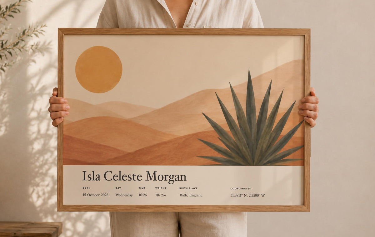 Personalised Birth Story Print | Agave Desert Landscape Nursery Art | Framed or Unframed
