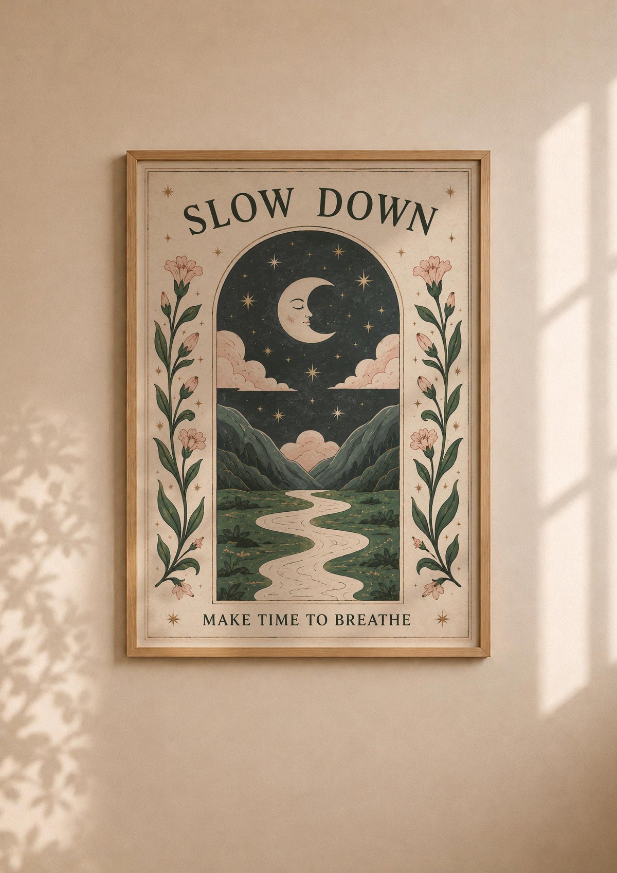 Celestial Moon Nursery Print | Positive Message Folk Art Starry Night Illustration | Framed or Unframed