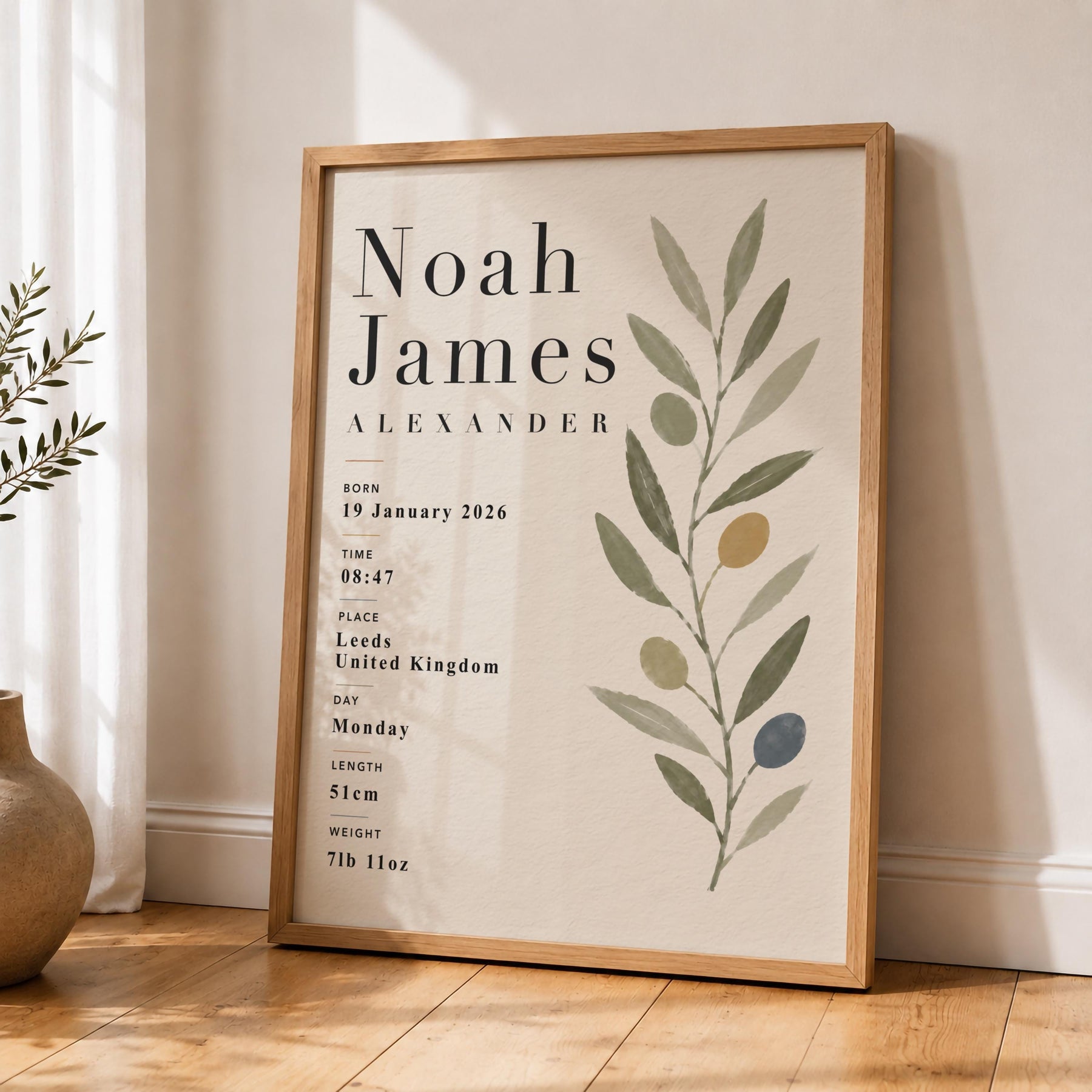 Personalised Botanical Birth Record Print | Custom Nursery Wall Art | Framed or Unframed