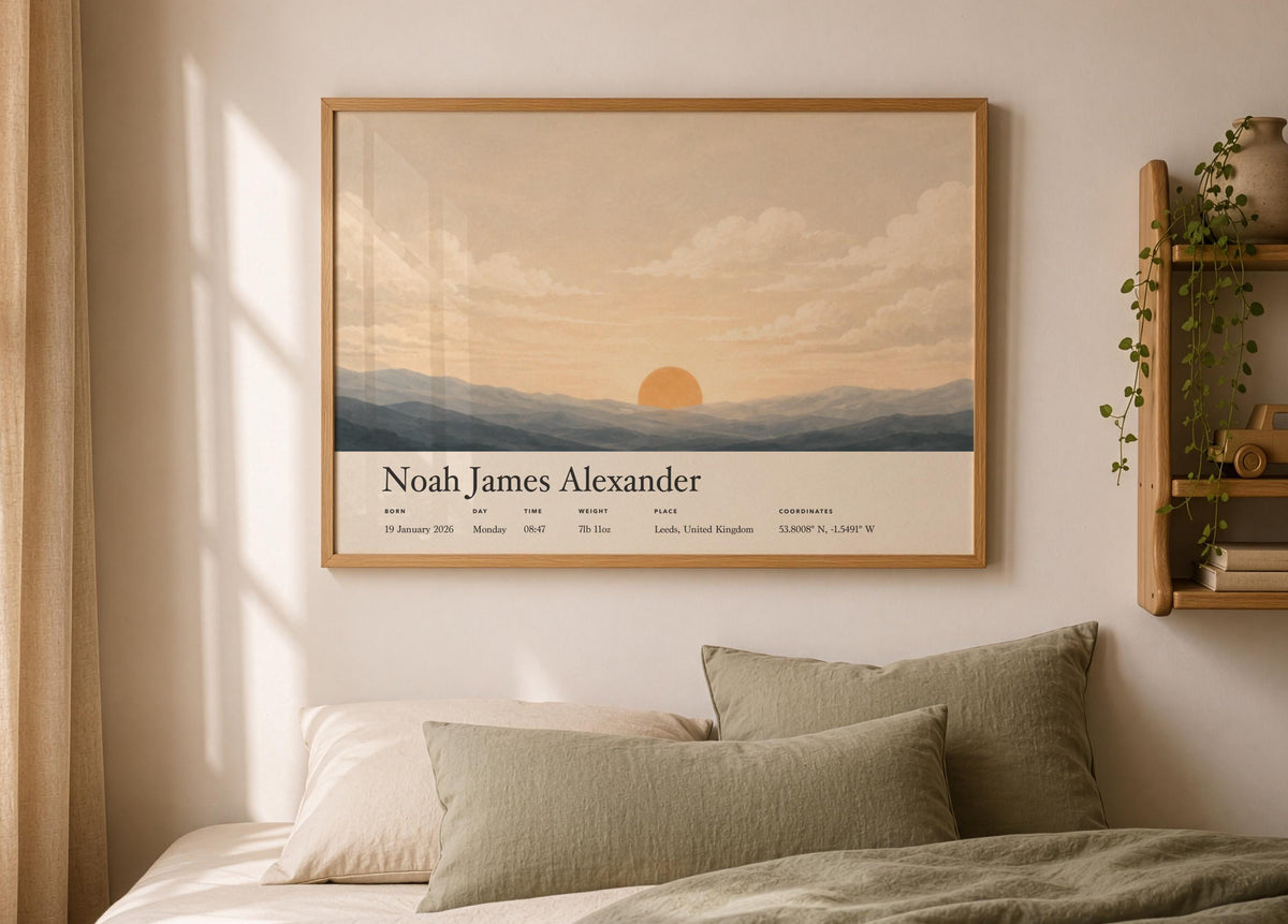 Personalised Birth Story Print | Sunrise Sunset Seascape Nursery Wall Art | Framed or Unframed