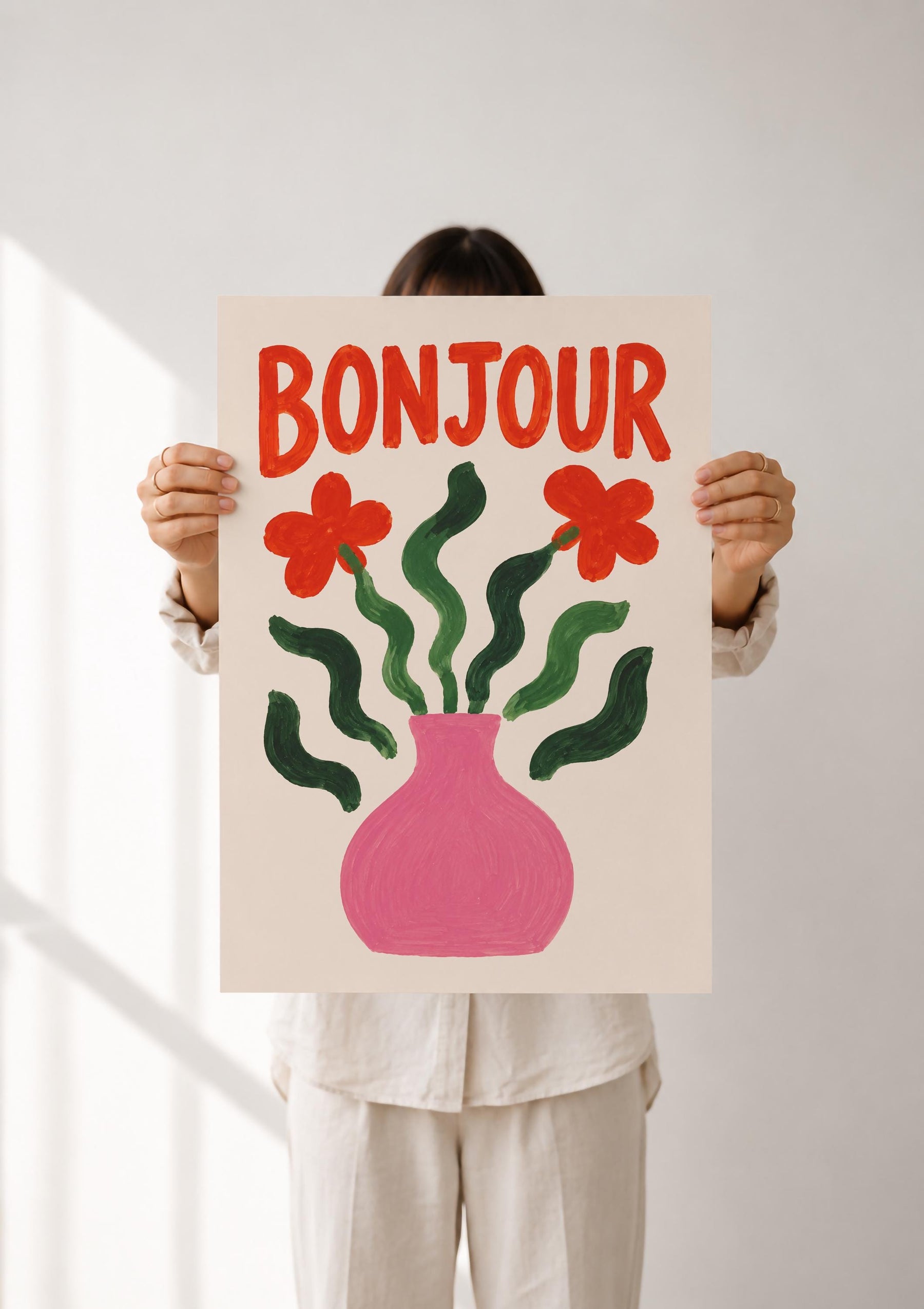 Bonjour Floral Art Print | Hand-Painted Botanical Flower Vase Wall Art | Framed or Unframed