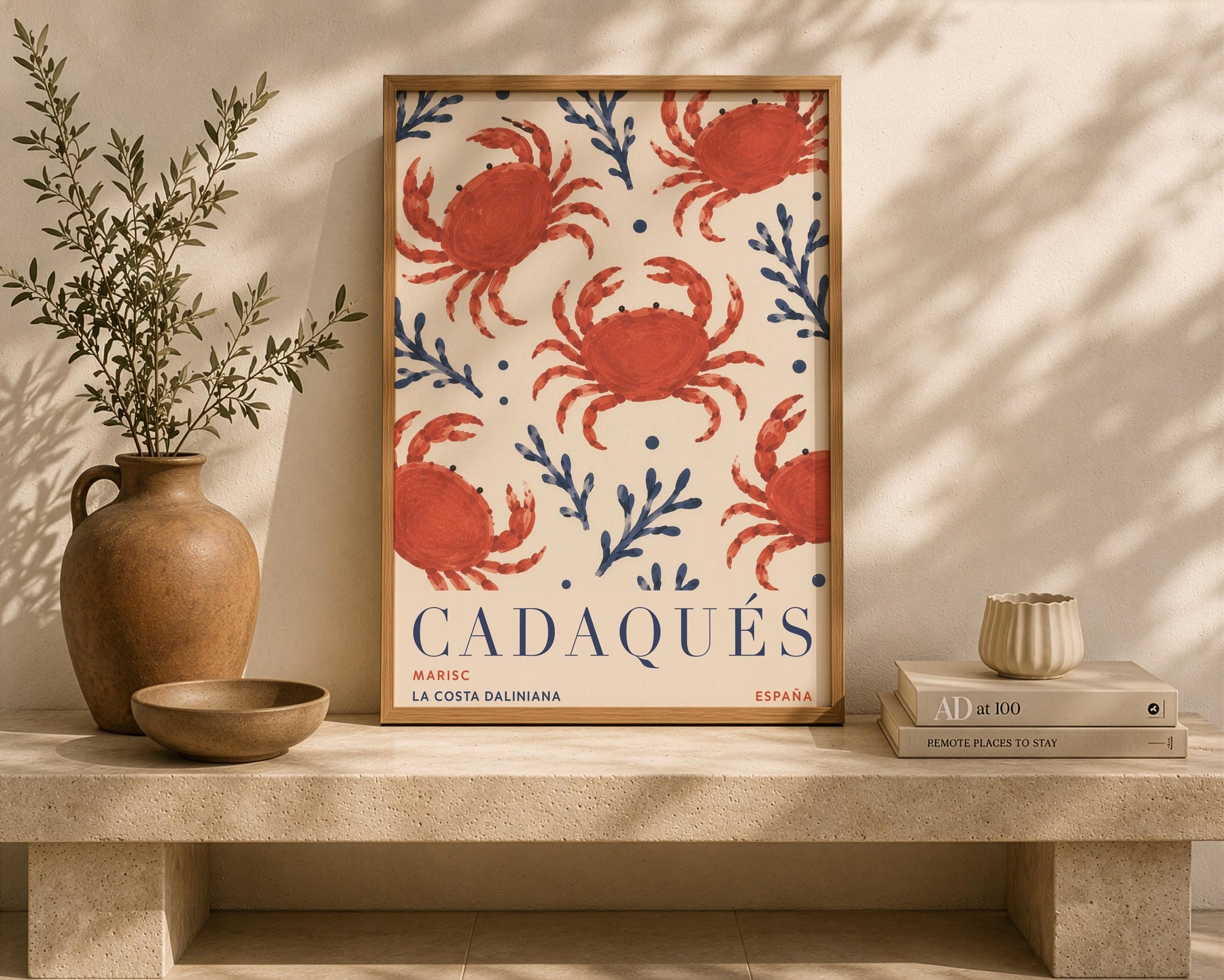 Cadaqués Spain Travel Poster | Hand-Painted Crab Coastal Mediterranean Wall Art | Framed or Unframed