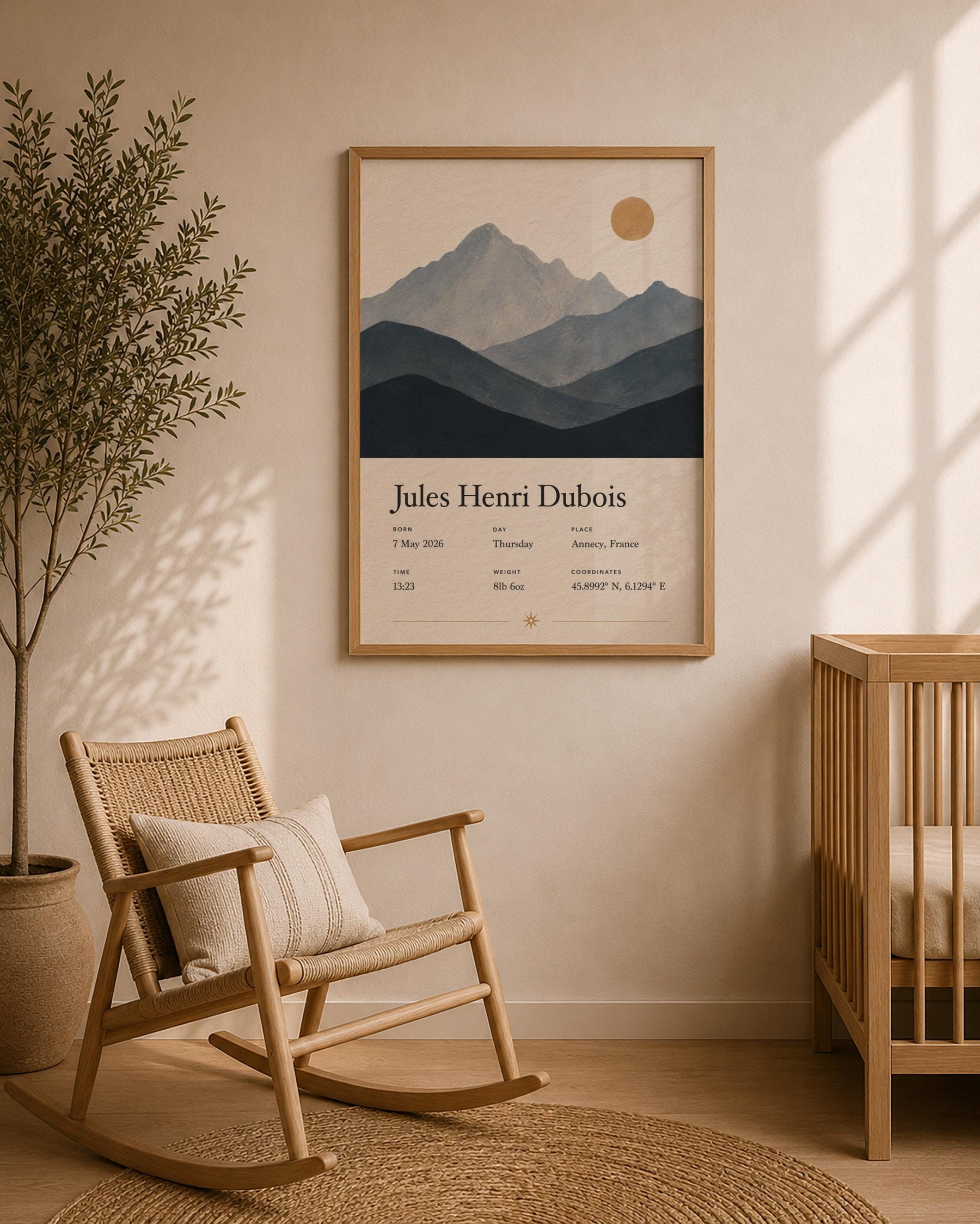 Personalised Birth Story Print | Mountain Landscape Nursery Wall Art | Framed or Unframed