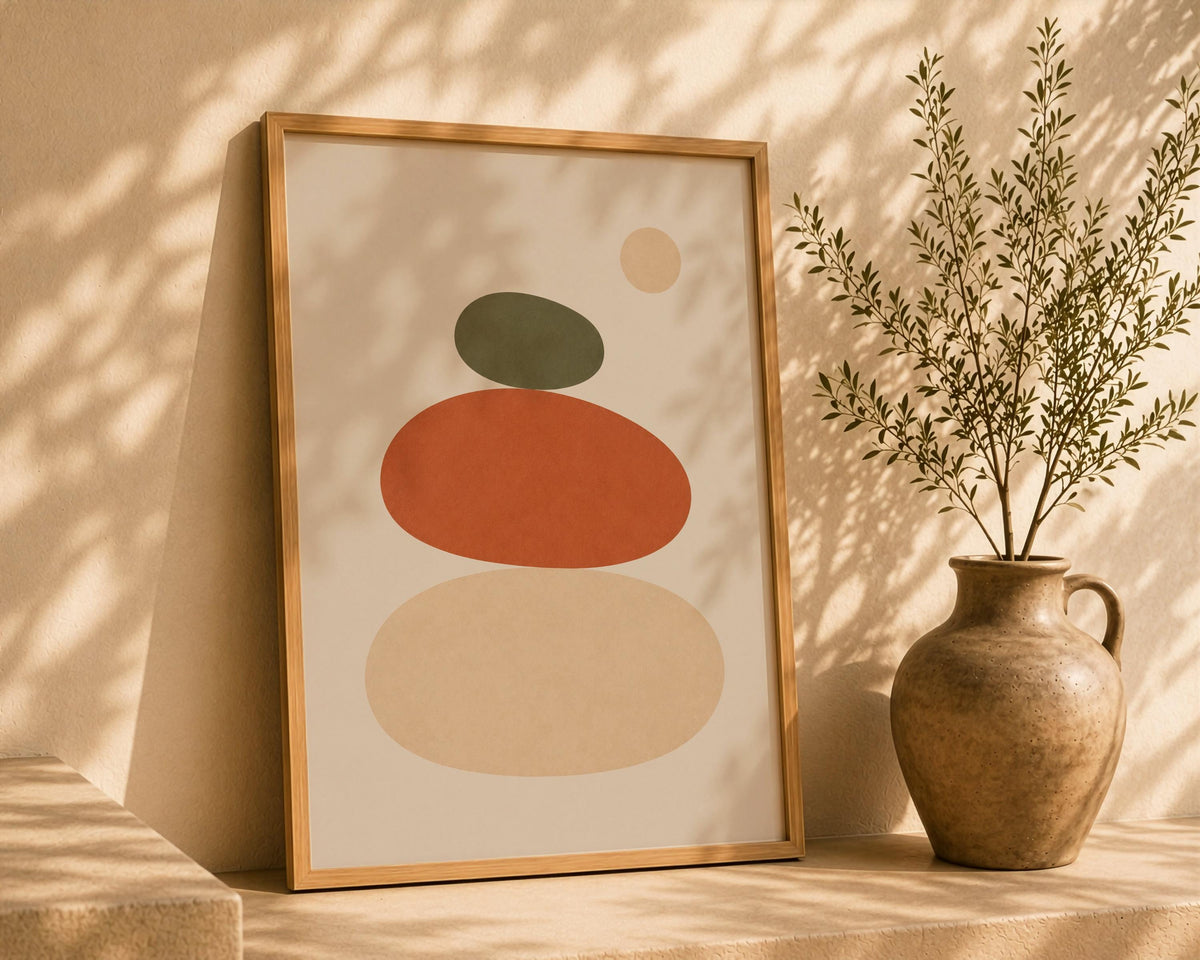 Balance Abstract Stacked Stones Print | Terracotta Olive Minimalist Wall Art | Framed or Unframed