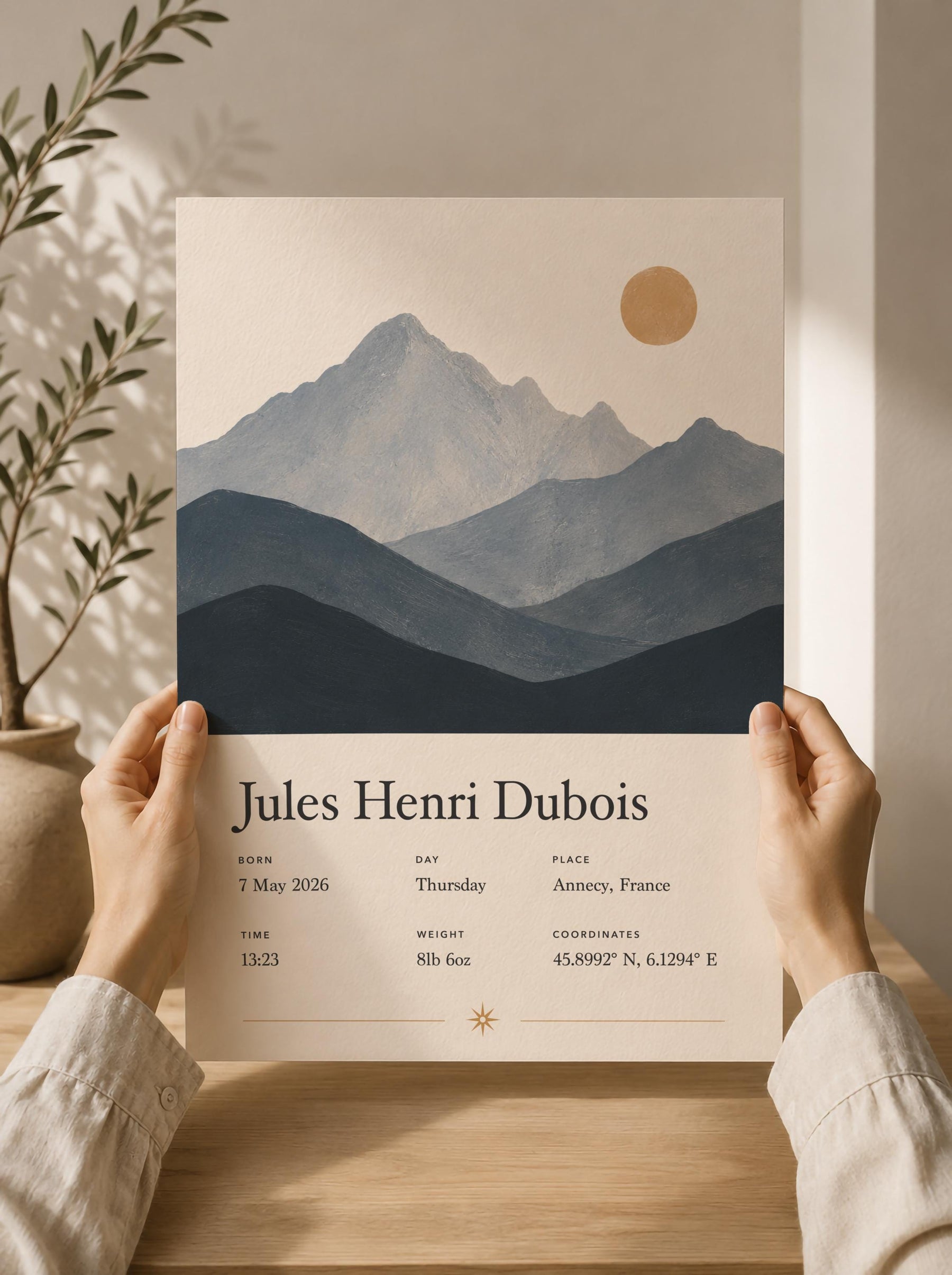 Personalised Birth Story Print | Mountain Landscape Nursery Wall Art | Framed or Unframed