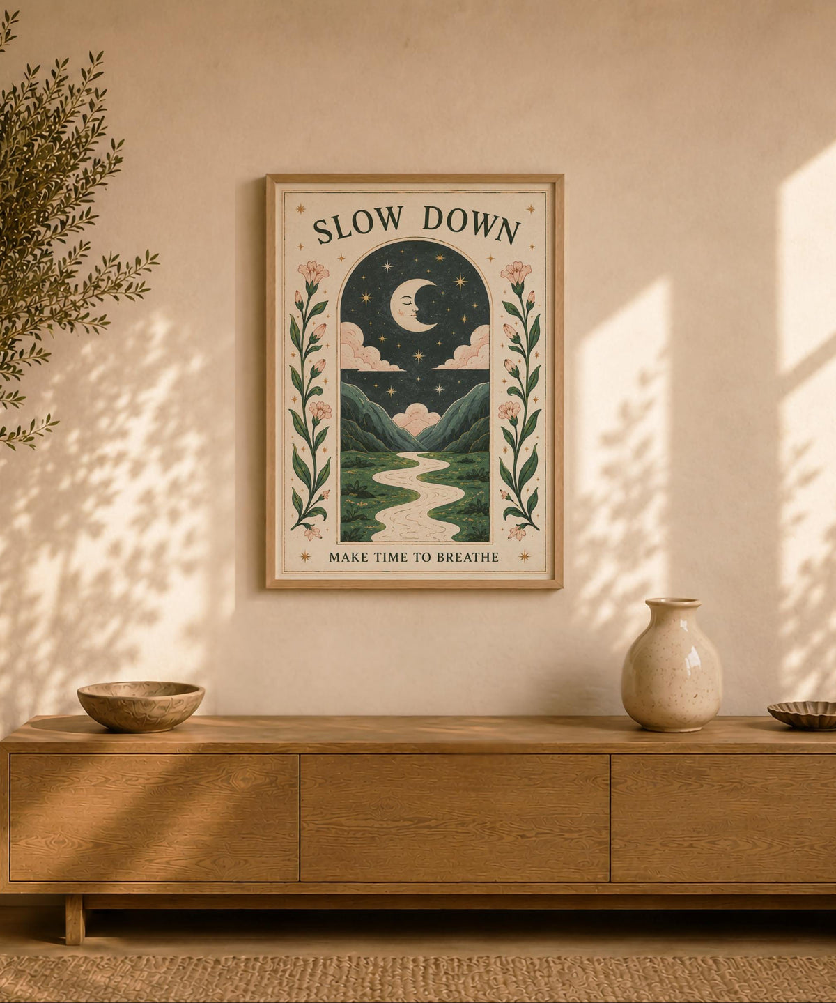 Slow Down Celestial Moon Folk Art Print | Positive Message Folk Art Starry Night Illustration | Framed or Unframed