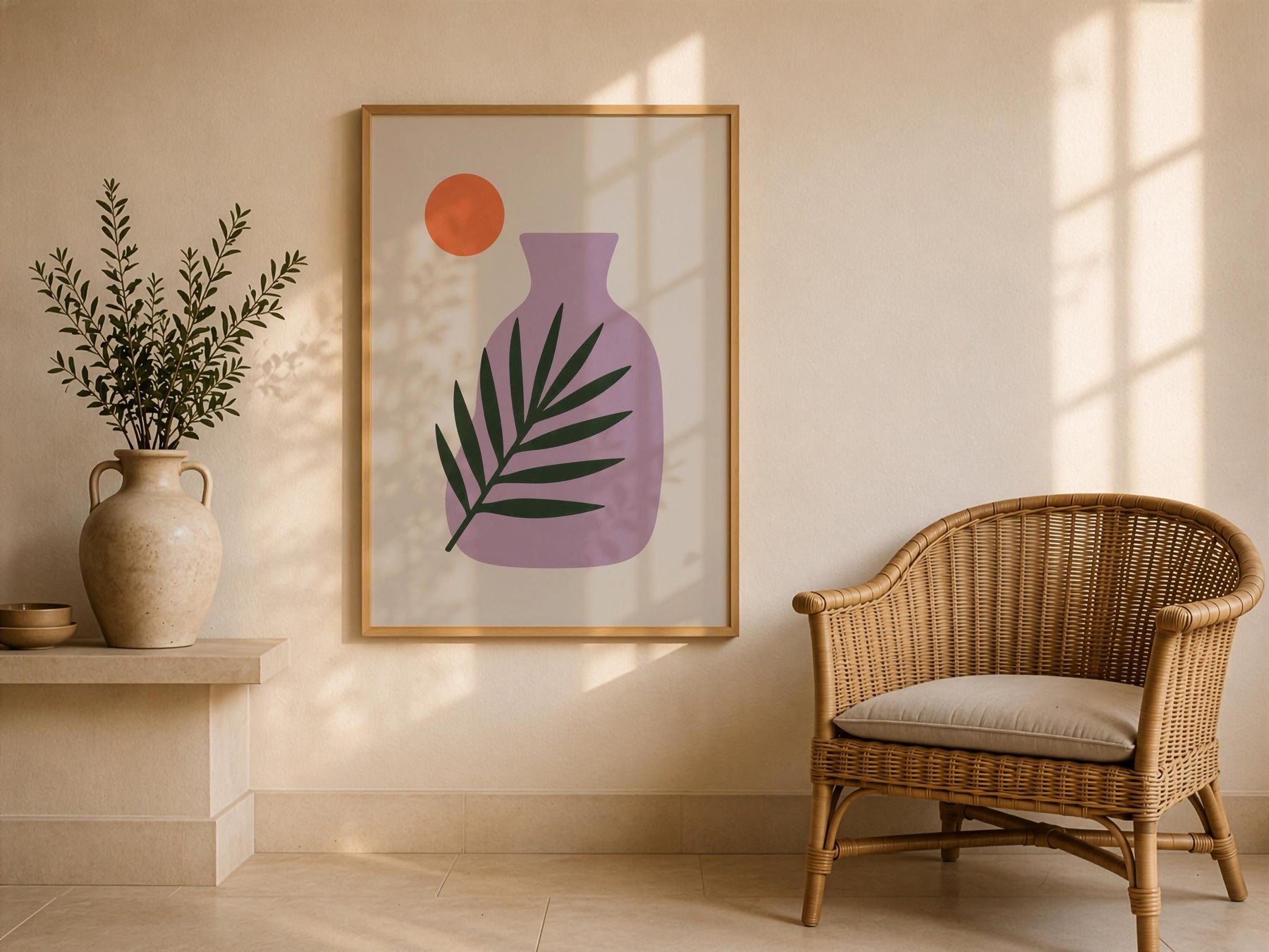 Sunset Palm Leaf Print | Purple Vase Botanical Art, Mediterranean Modern Decor | Framed or Unframed