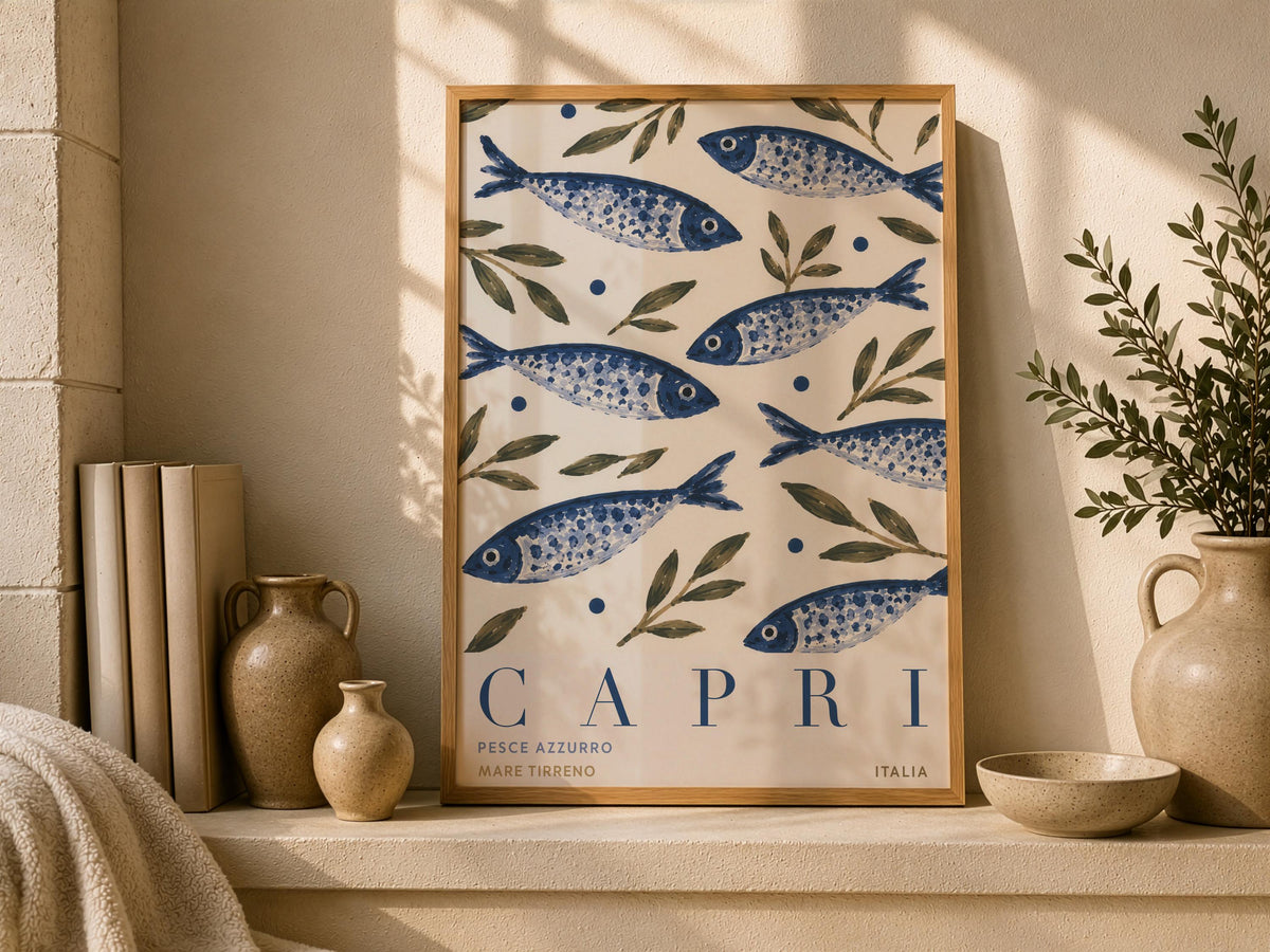 Capri Italy Fish Print | Hand-Painted Mediterranean Coastal Wall Art | Framed or Unframed
