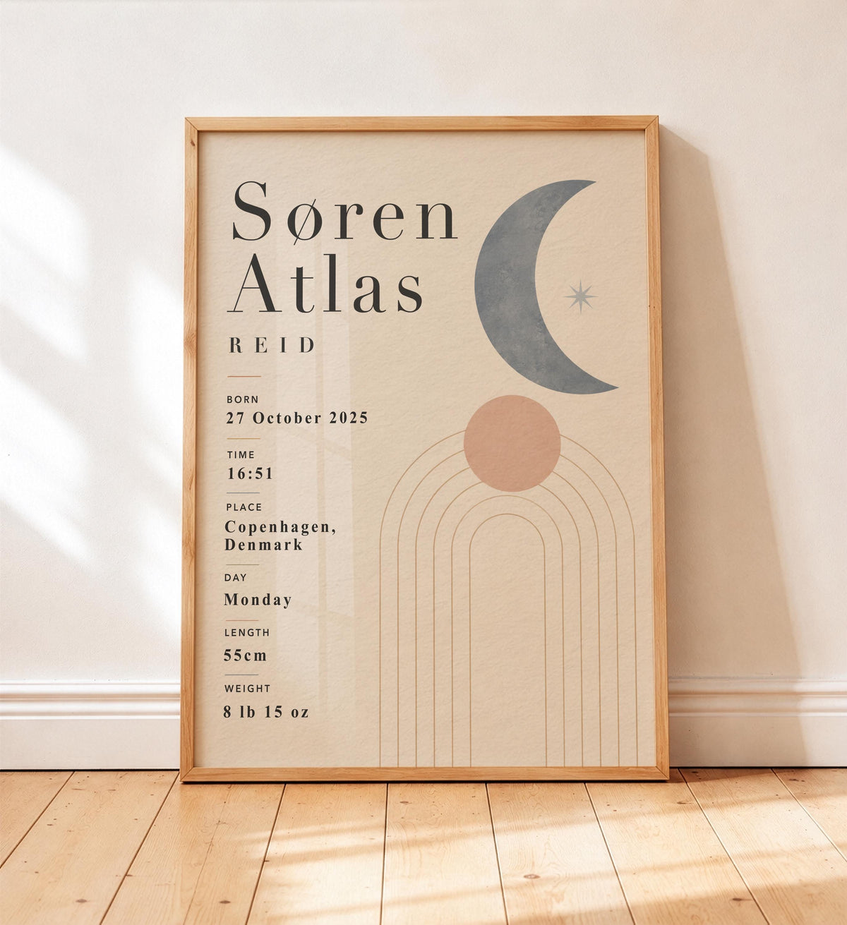 Personalised Moon Birth Record Print | Modern Nursery Wall Art | Framed or Unframed