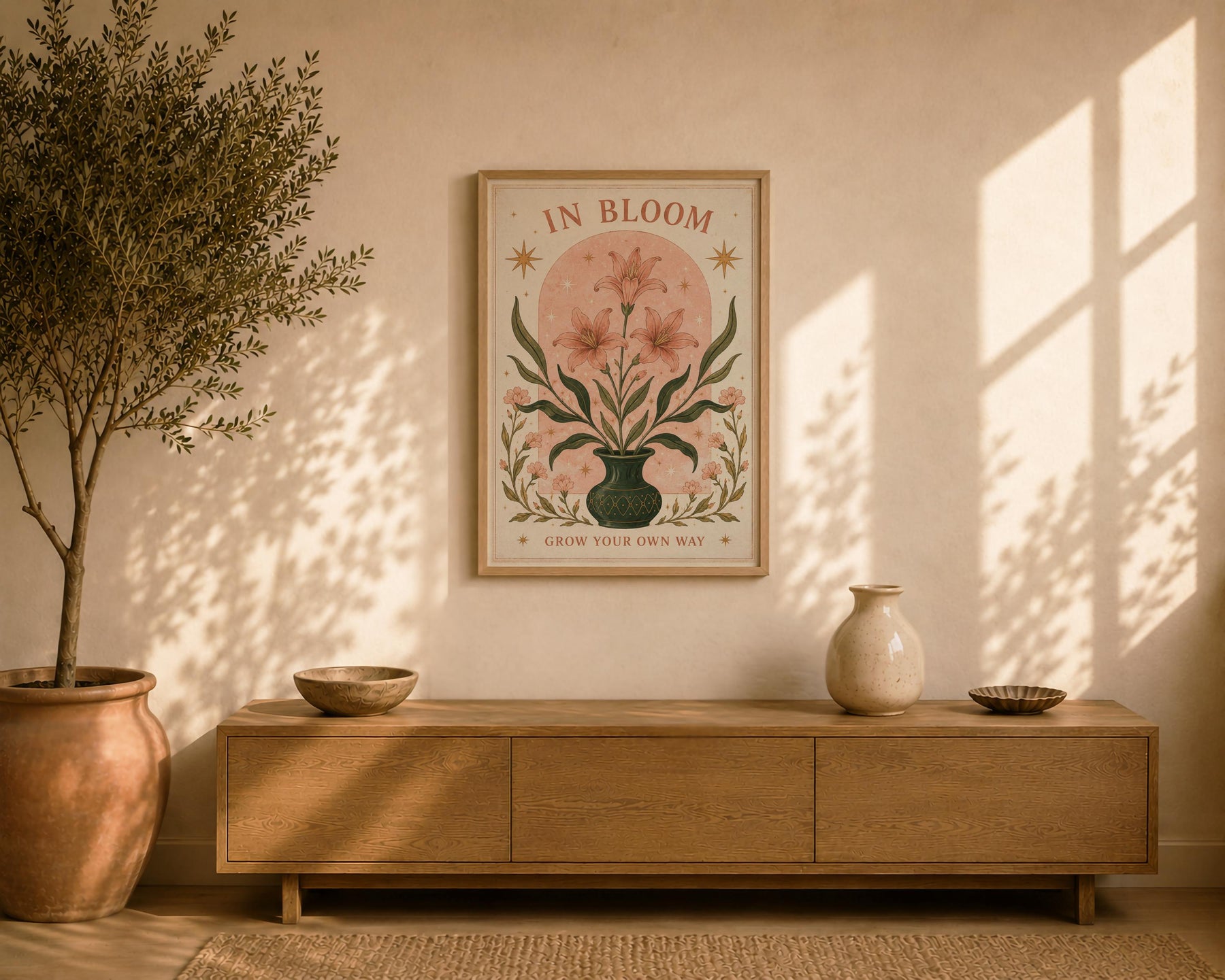 In Bloom Print | Inspirational Floral Nursery Wall Art, Celestial Folk Art, Framed or Unframed