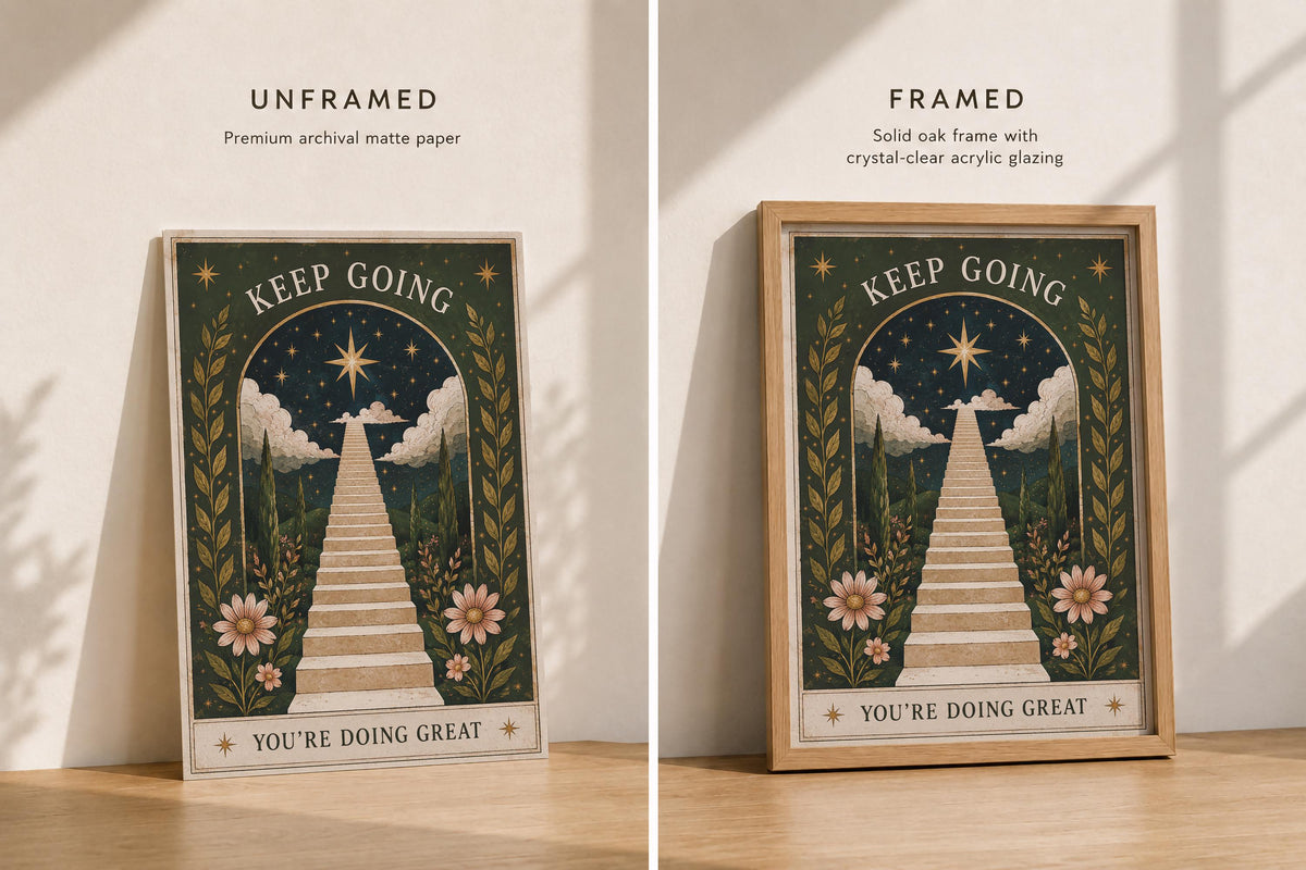 Keep Going Print | Inspirational Folk Art Wall Decor, Celestial Illustration, Framed or Unframed