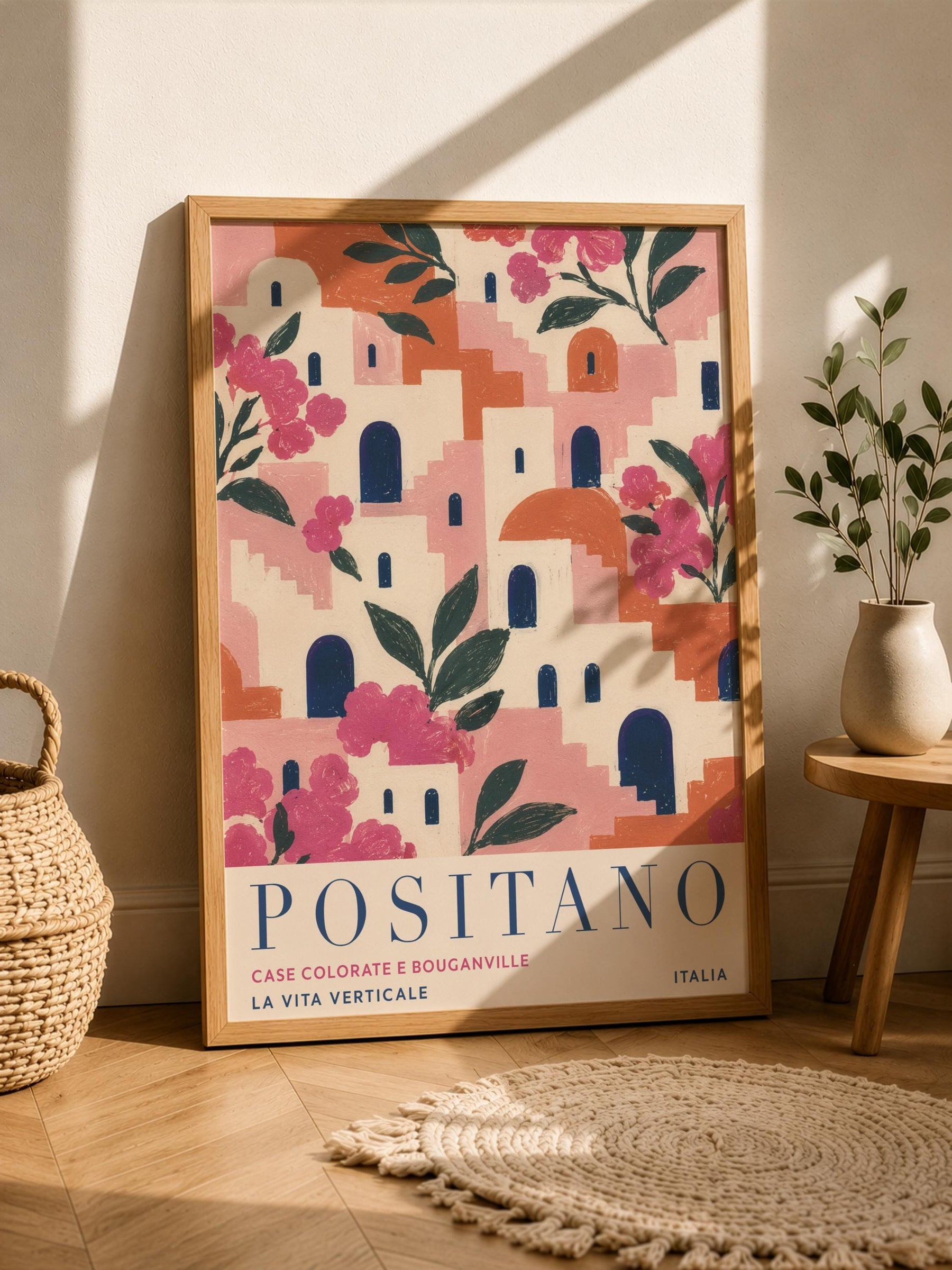 Positano Print | Amalfi Coast Travel Poster, Bougainvillea Floral Wall Art | Framed or Unframed