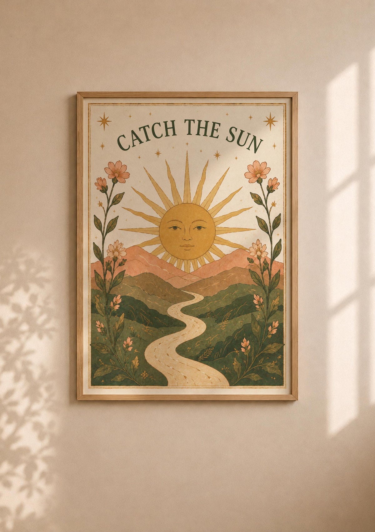 Catch The Sun Print | Inspirational Celestial Nursery Wall Art, Folk Landscape Illustration, Framed or Unframed