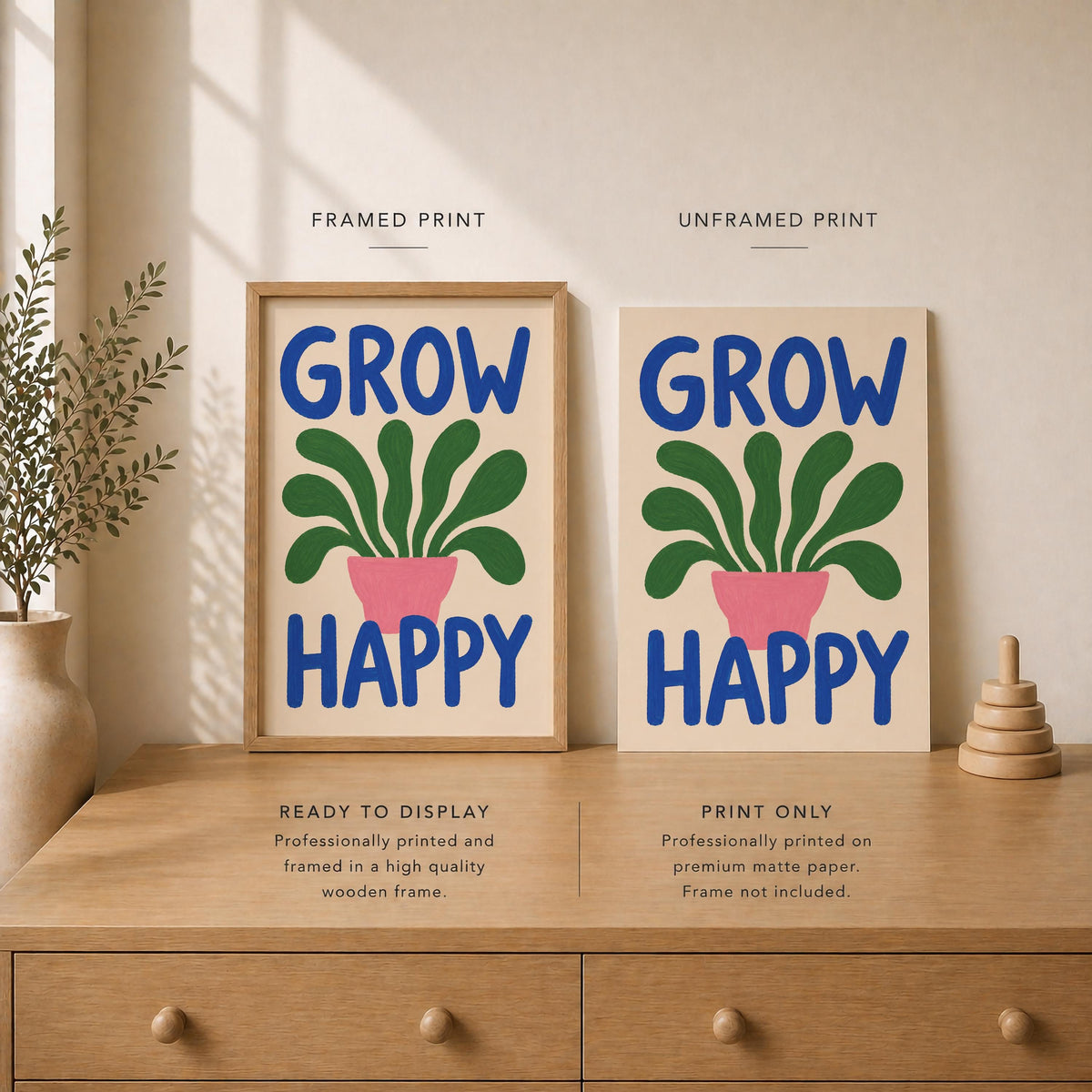 Grow Happy Hand-Painted Botanical Print | Inspirational Wall Art | Framed or Unframed